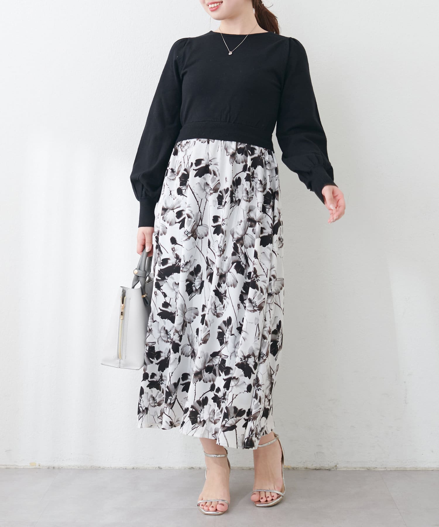 NICE CLAUP / OLIVE des OLIVE OUTLET(ナイスクラップ  / オリーブ デ オリーブ アウトレット) 【natural couture】前後2way花柄ドッキングニットワンピース