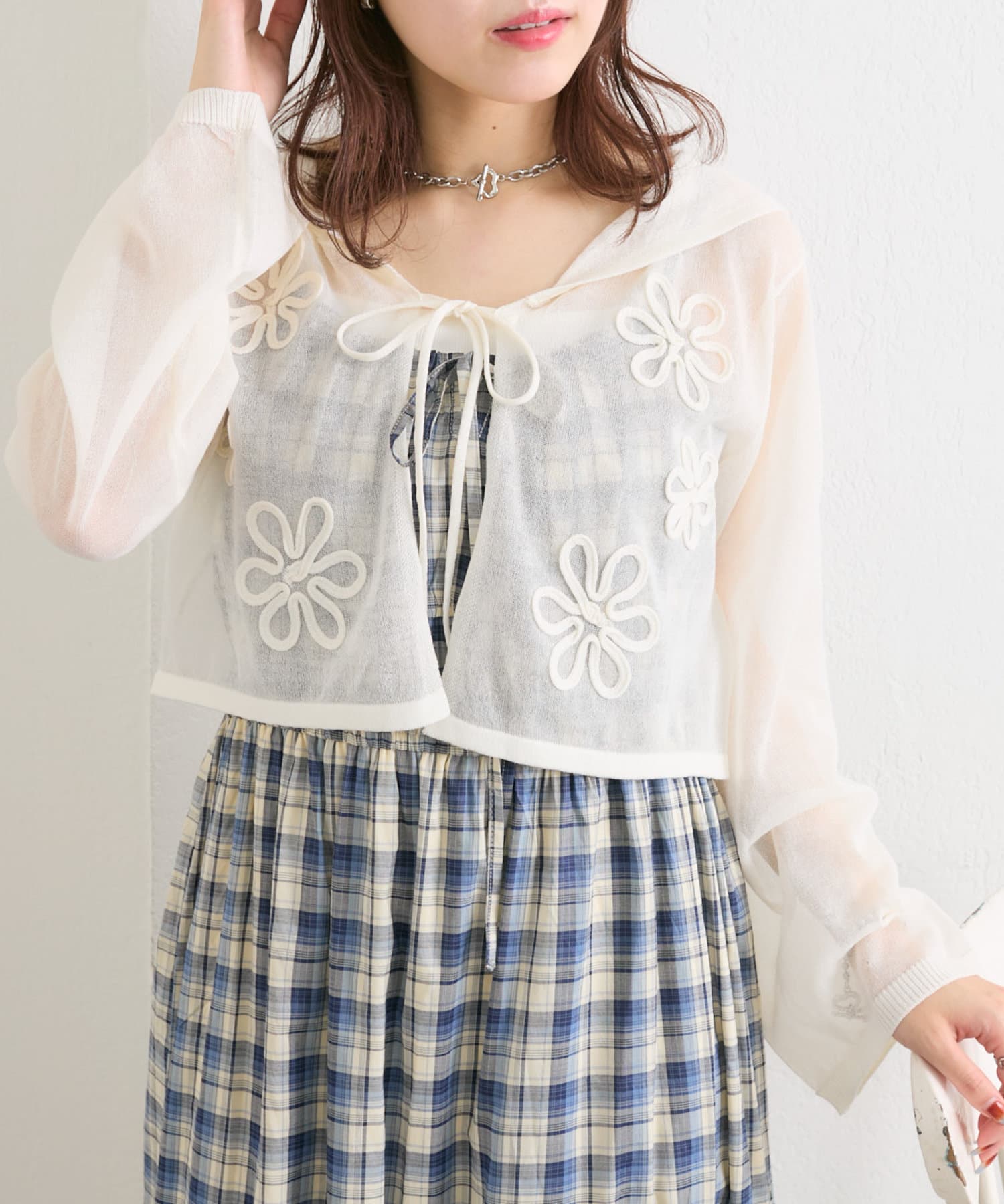 w closet(ダブルクローゼット) コード刺繍シアーセーラーカーデ
