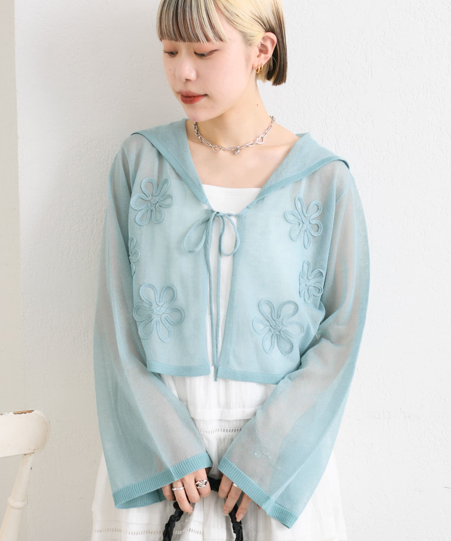 w closet(ダブルクローゼット) コード刺繍シアーセーラーカーデ