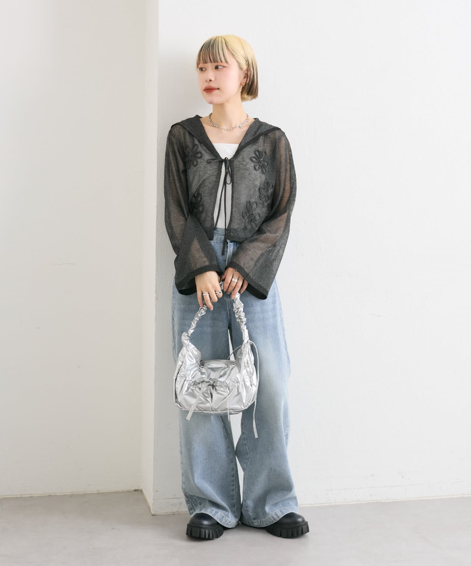 w closet(ダブルクローゼット) コード刺繍シアーセーラーカーデ