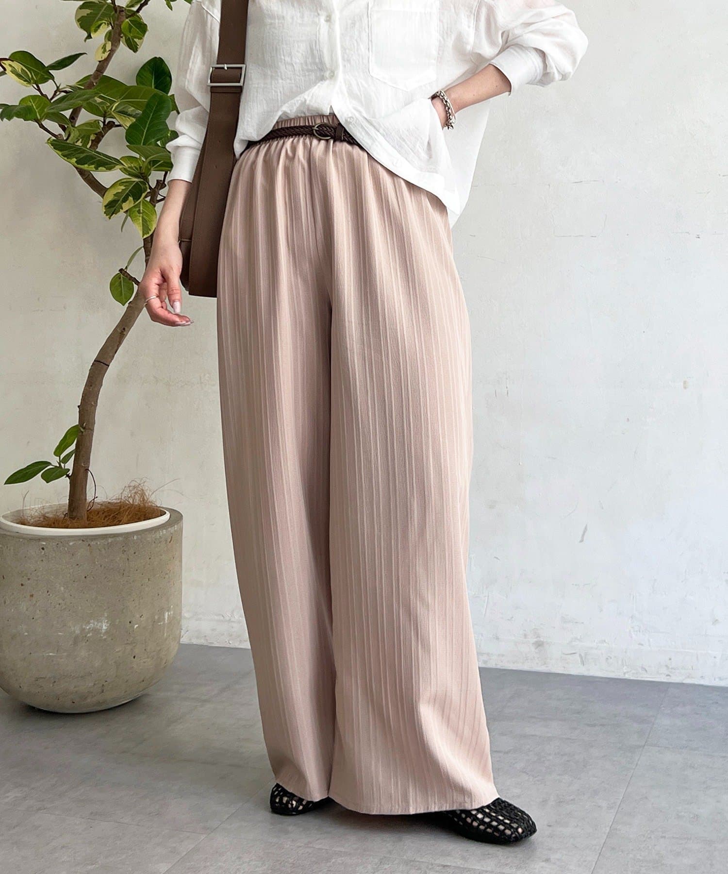 un dix cors(アンディコール) 【WEB限定】【マイナス3キロ見え！】楊柳ストライプベルト付きパンツ