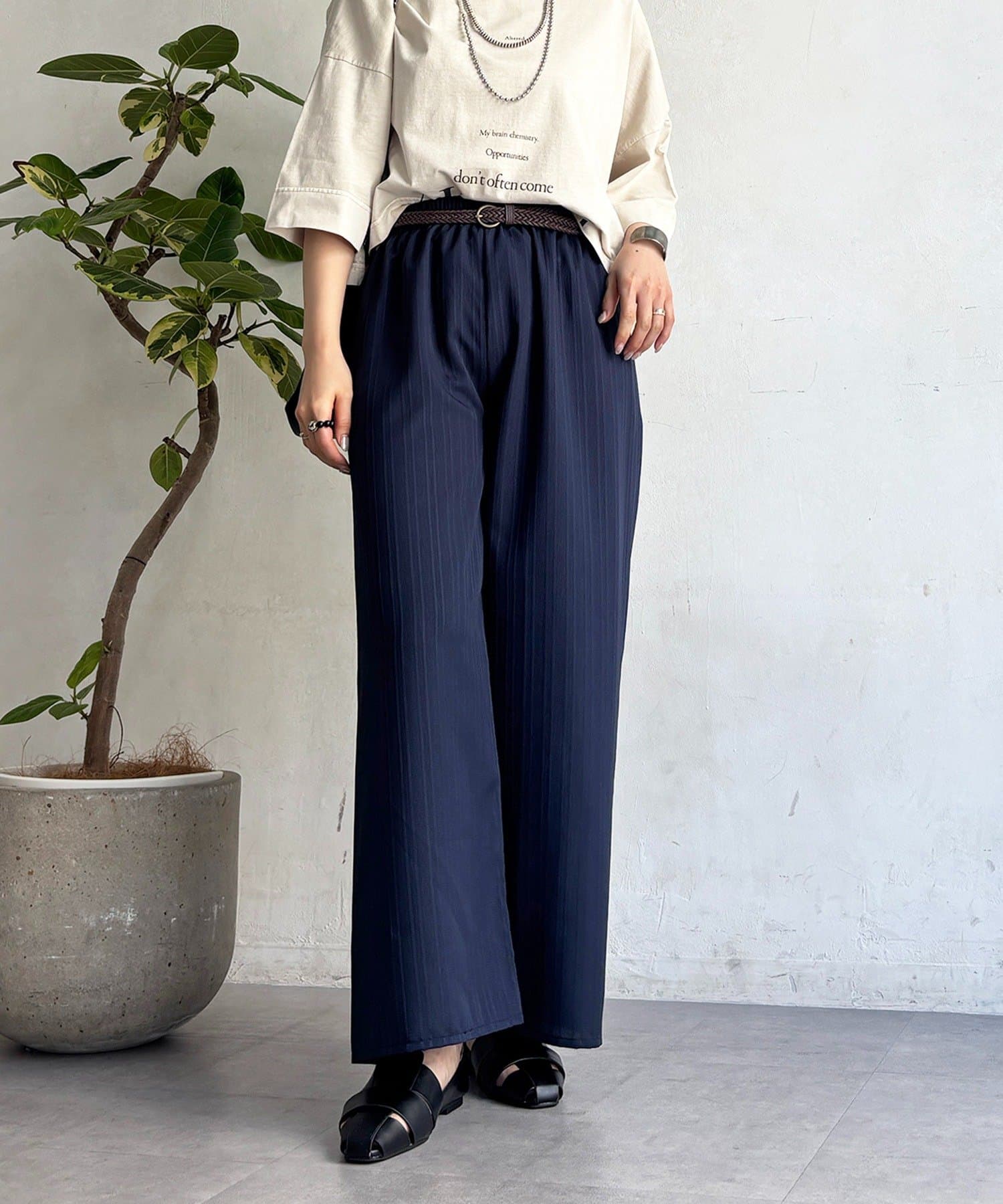 un dix cors(アンディコール) 【WEB限定】【マイナス3キロ見え！】楊柳ストライプベルト付きパンツ