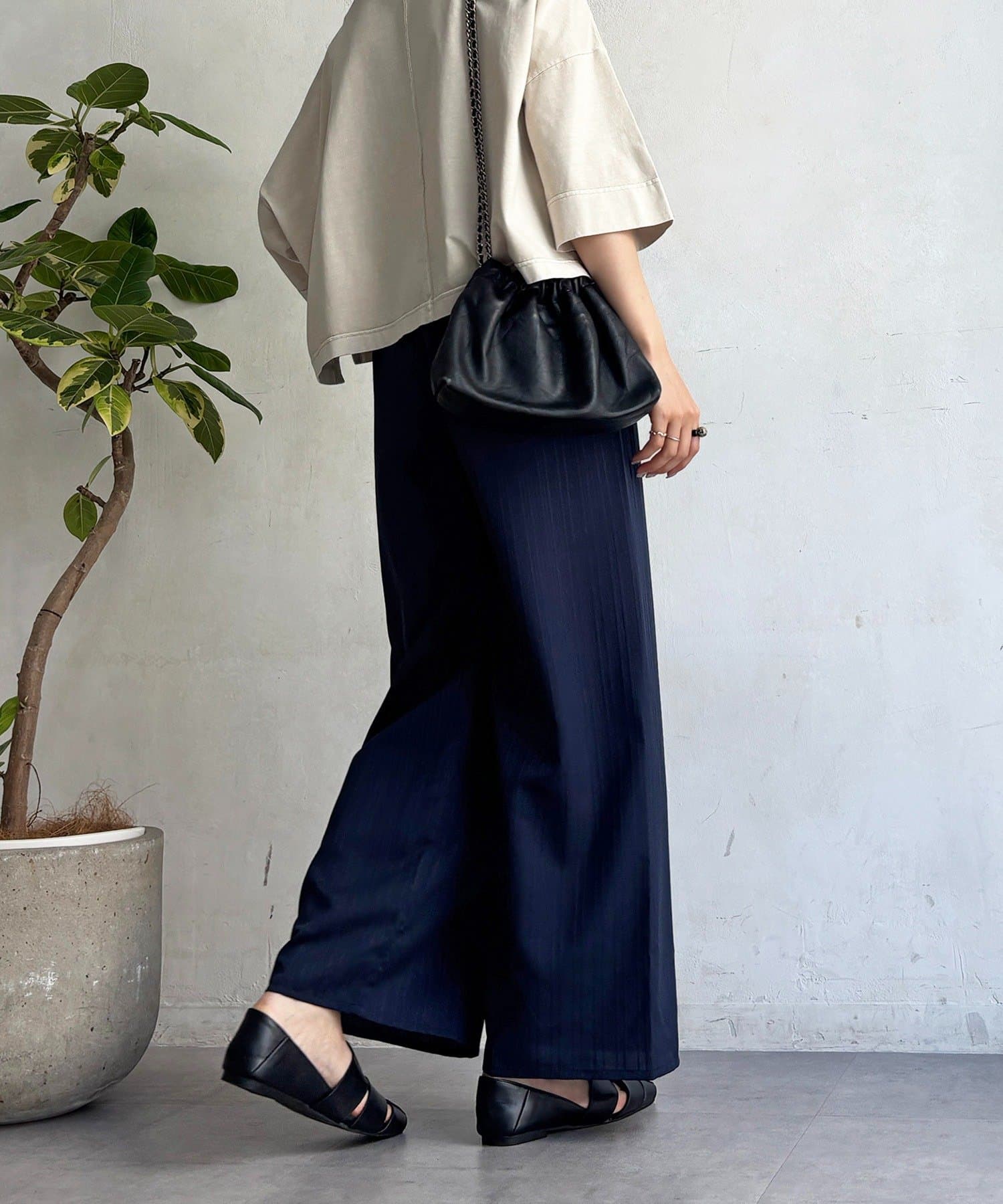 un dix cors(アンディコール) 【WEB限定】【マイナス3キロ見え！】楊柳ストライプベルト付きパンツ