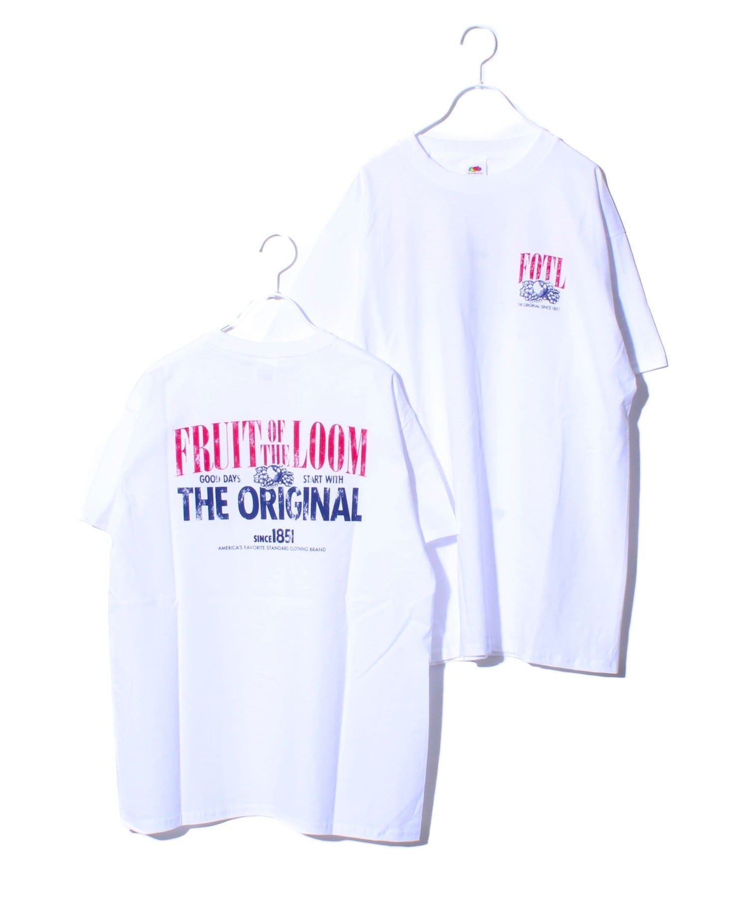 フルーツオブザルームのロゴプリントTシャツ・胸元のワンポイントとバックプリントのデザイン・1枚着からインナー使いまで幅広く活躍する1枚・男女問わず着ていただけるユニセックスアイテム【FRUIT OF 
