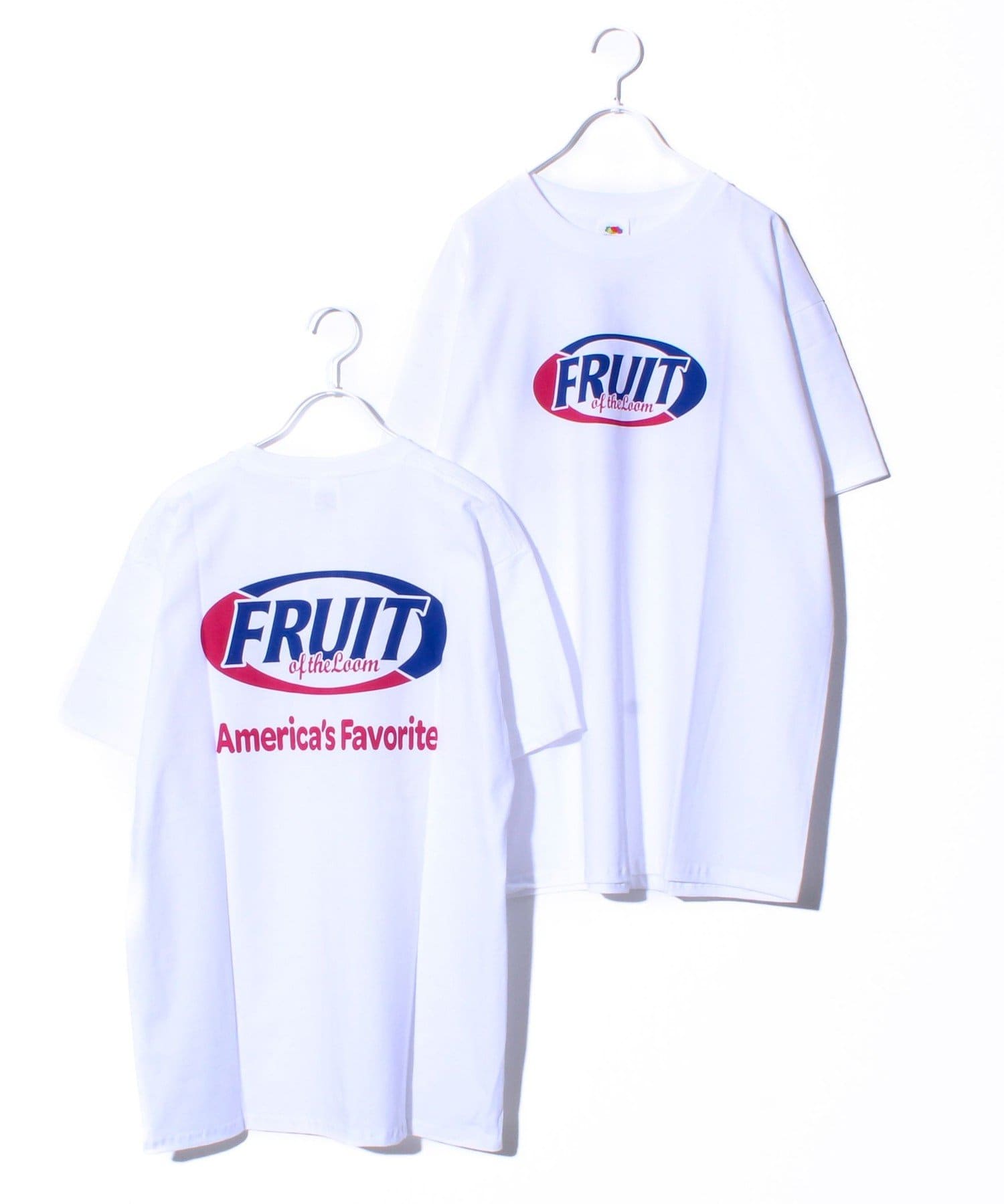 フルーツオブザルームのロゴプリントTシャツ・フロントとバック前後プリントのデザイン・1枚着からインナー使いまで幅広く活躍する1枚・男女問わず着ていただけるユニセックスアイテム【FRUIT OF THE