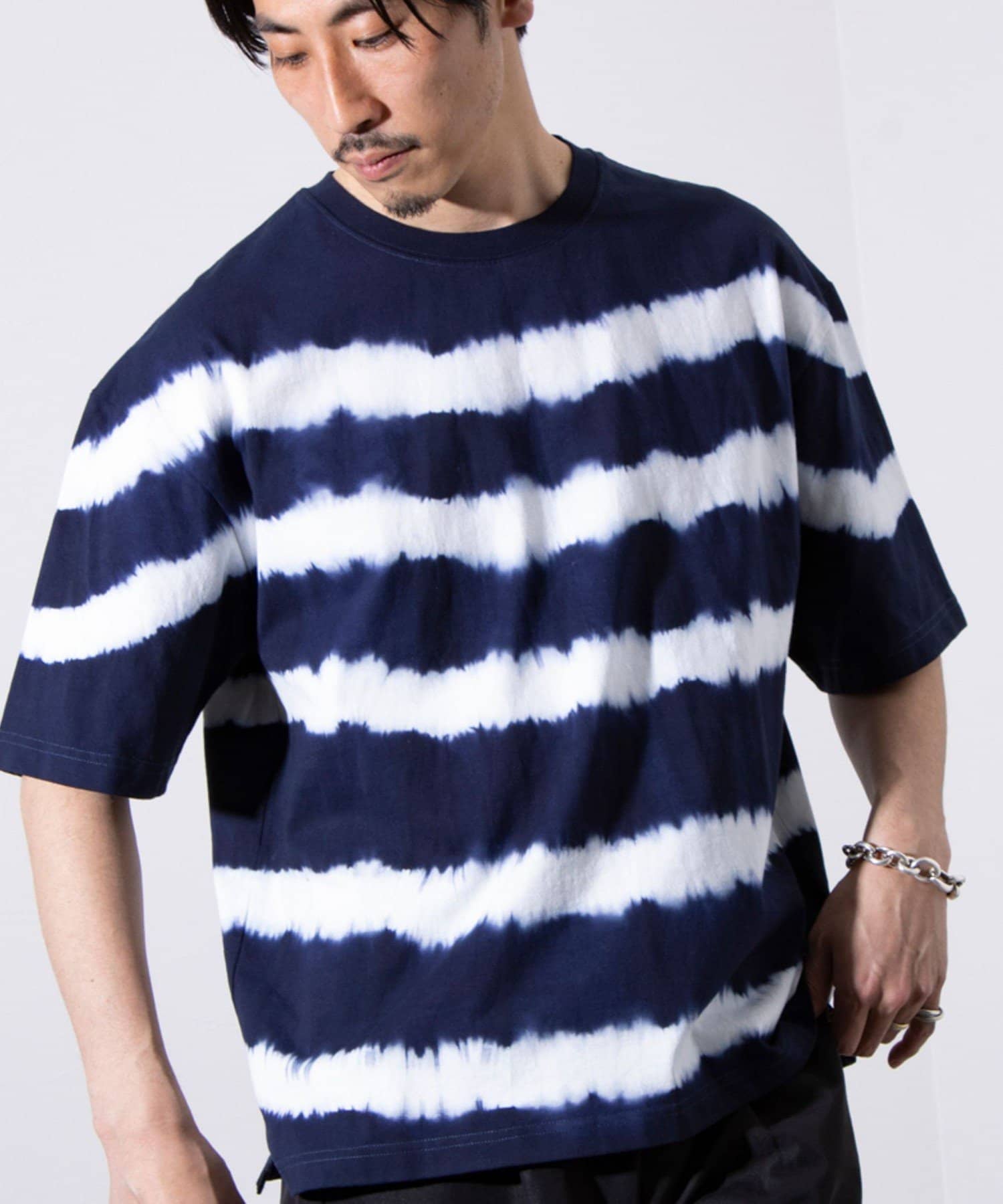 FREDY & GLOSTER(フレディ アンド グロスター) 【GLOSTER】16/-綿天竺 タイダイ染め ボーダークルーネックTシャツ
