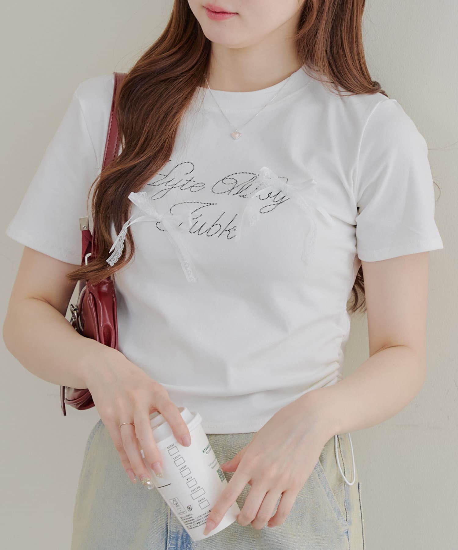 Remind me and forever(リマインドミーアンドフォーエバー) 裾ドロストサテンリボンTシャツ