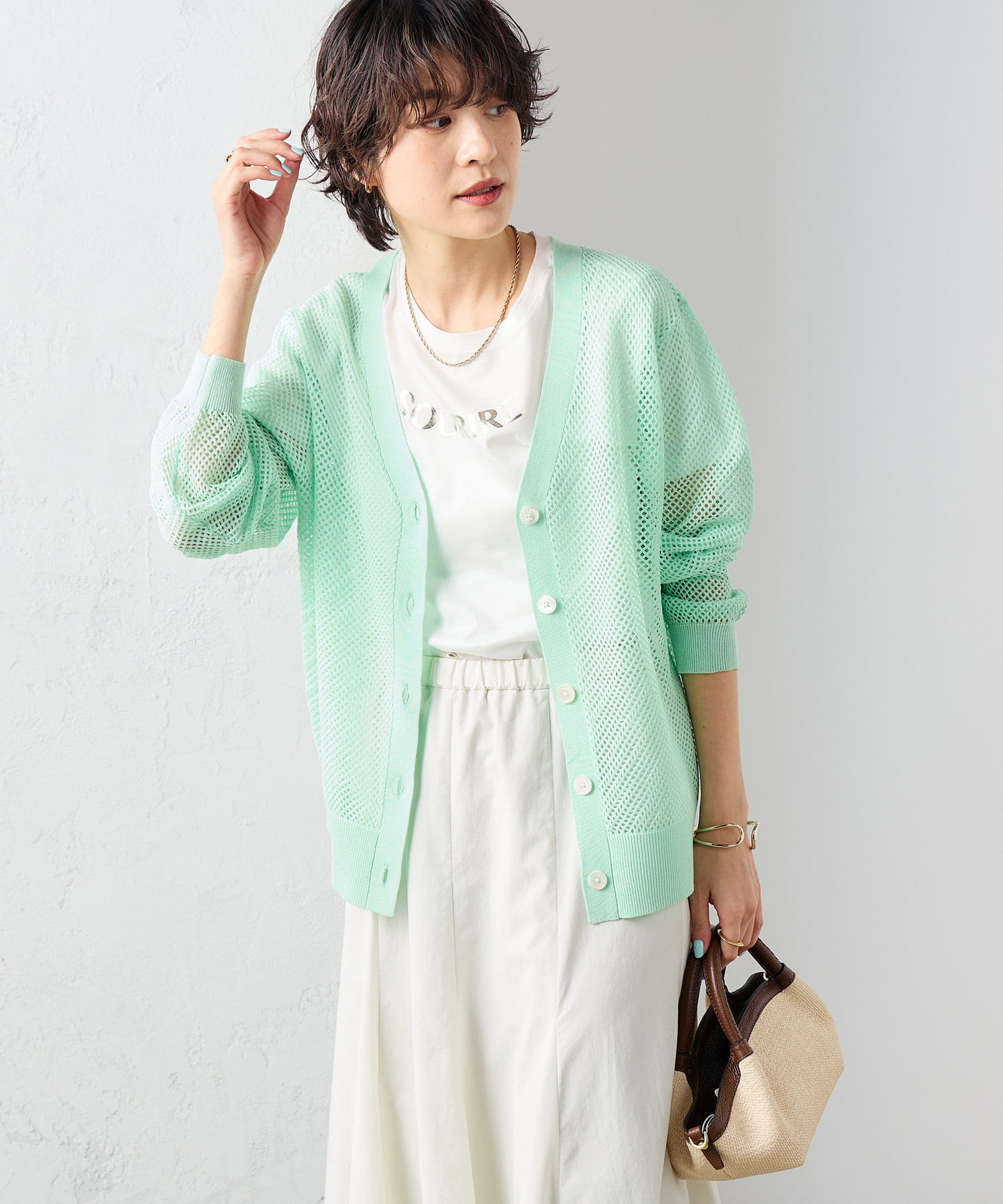 ◇25SS◇NOLLEY'S◆Point・通気性の良いおしゃれなメッシュ柄のカーディガン・さらりとしたクールタッチな着心地・少し長めでヒップもカバーできる着丈・抜け感のあるオトナスタイルを演
