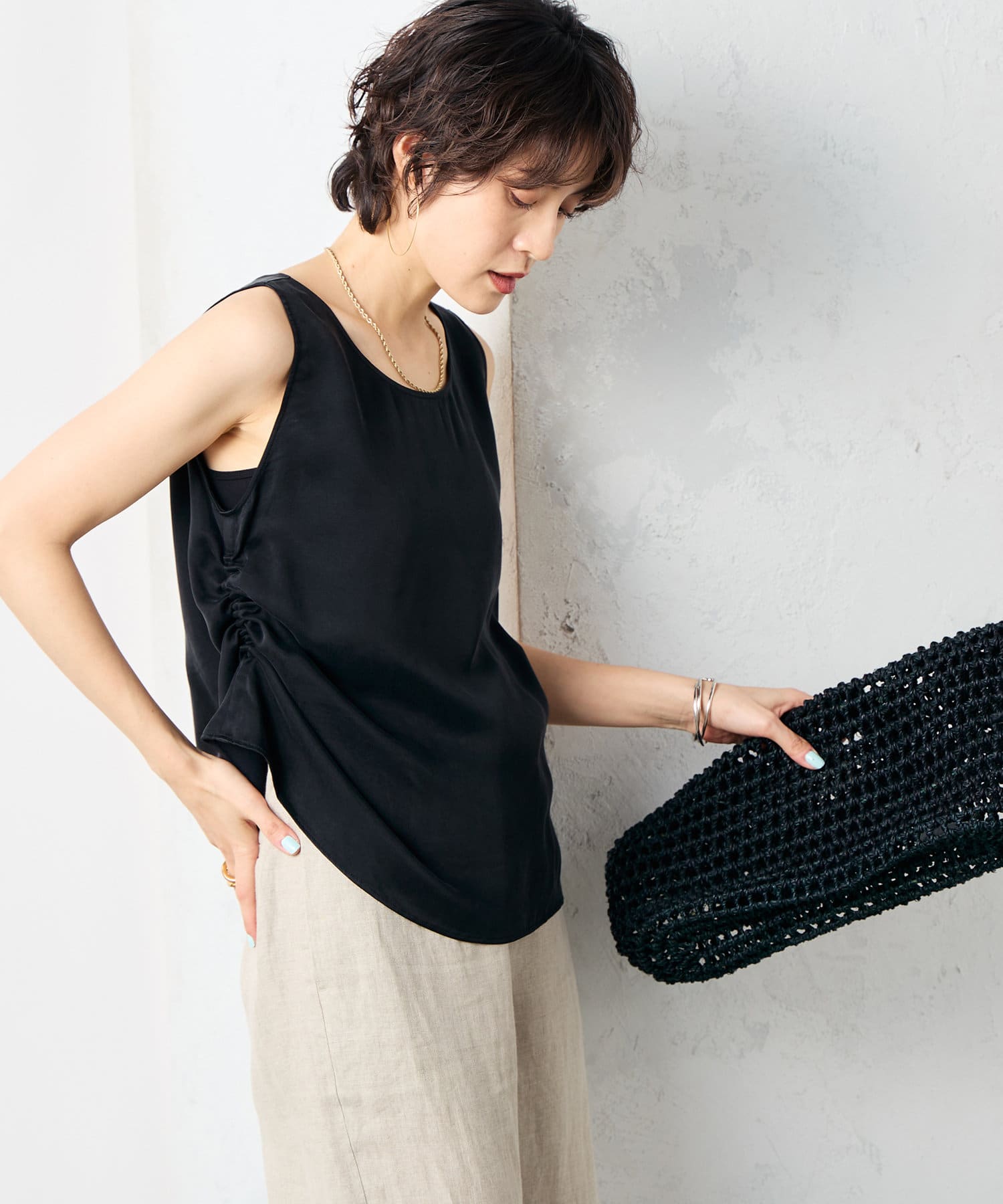 ◇25SS◇2nd NOLLEY'S◆Point・人気素材「キュプラレーヨンフィブリルサテン」を使用したタンクトップ・光沢のある生地にあえてフィブリル加工(摩擦により毛羽立たせる)を施した、