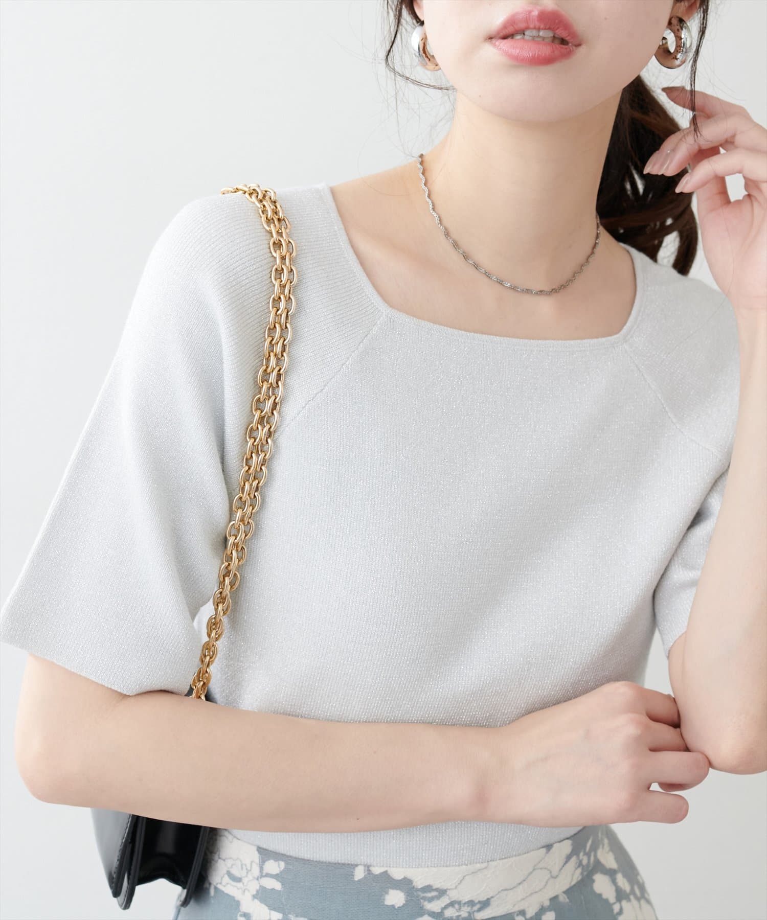 natural couture(ナチュラルクチュール) 【WEB限定】スクエアネックリブ半袖ニット