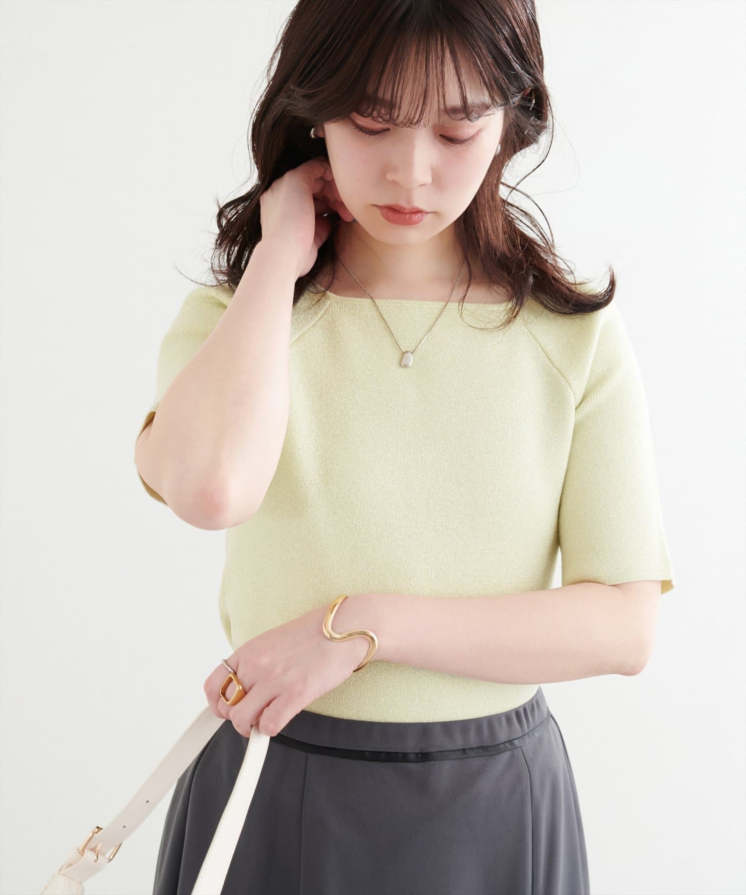 natural couture(ナチュラルクチュール) 【WEB限定】スクエアネックリブ半袖ニット