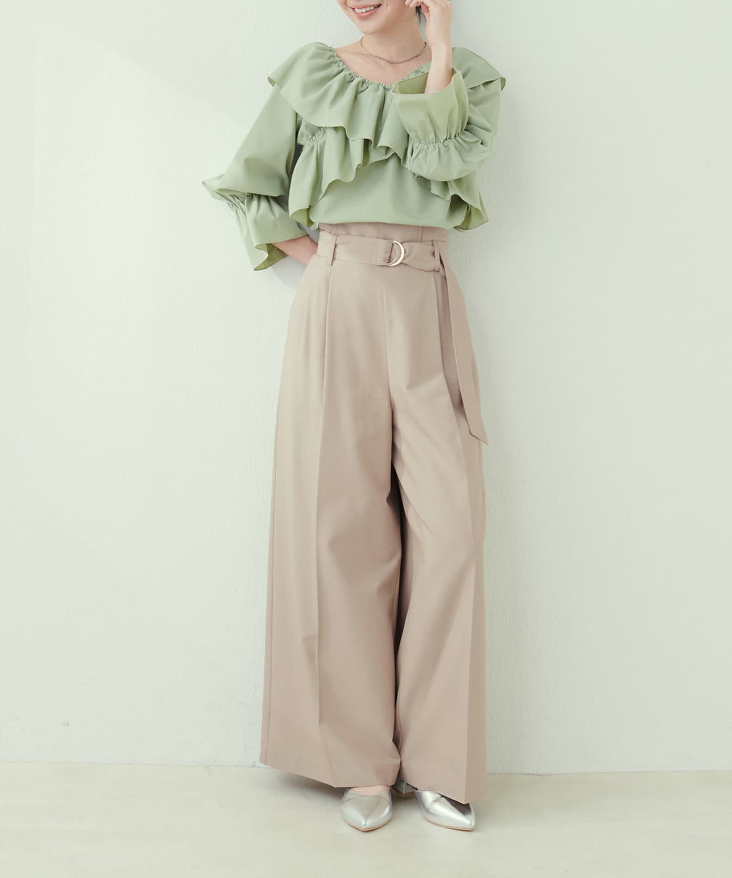 NICE CLAUP / OLIVE des OLIVE OUTLET(ナイスクラップ  / オリーブ デ オリーブ アウトレット) 【natural couture】Dカンベルト付きアシメハイウエストパンツ