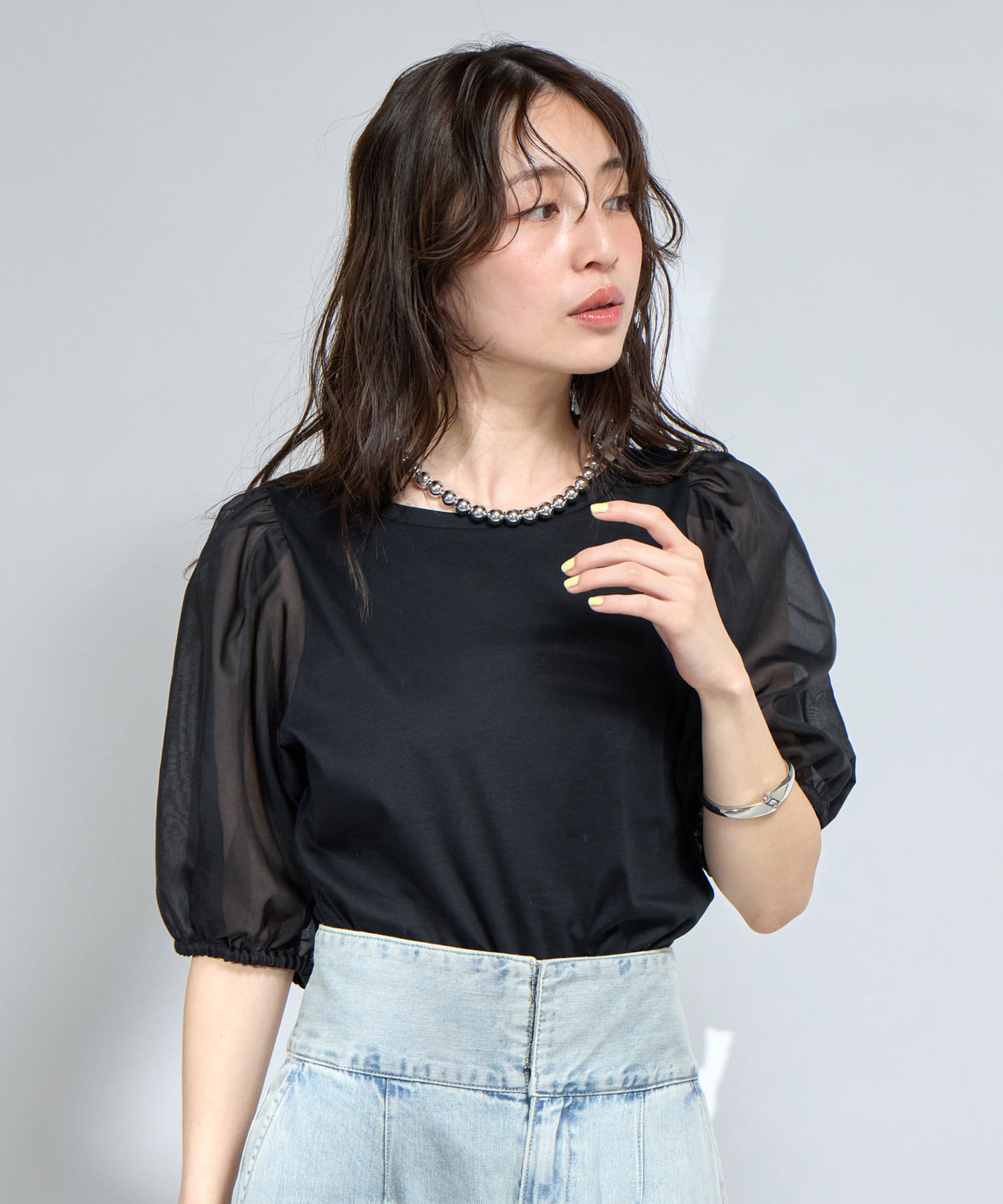 La boutique BonBon(ラブティックボンボン) 【お上品カットソー】シアーボリュームスリーブカットソー