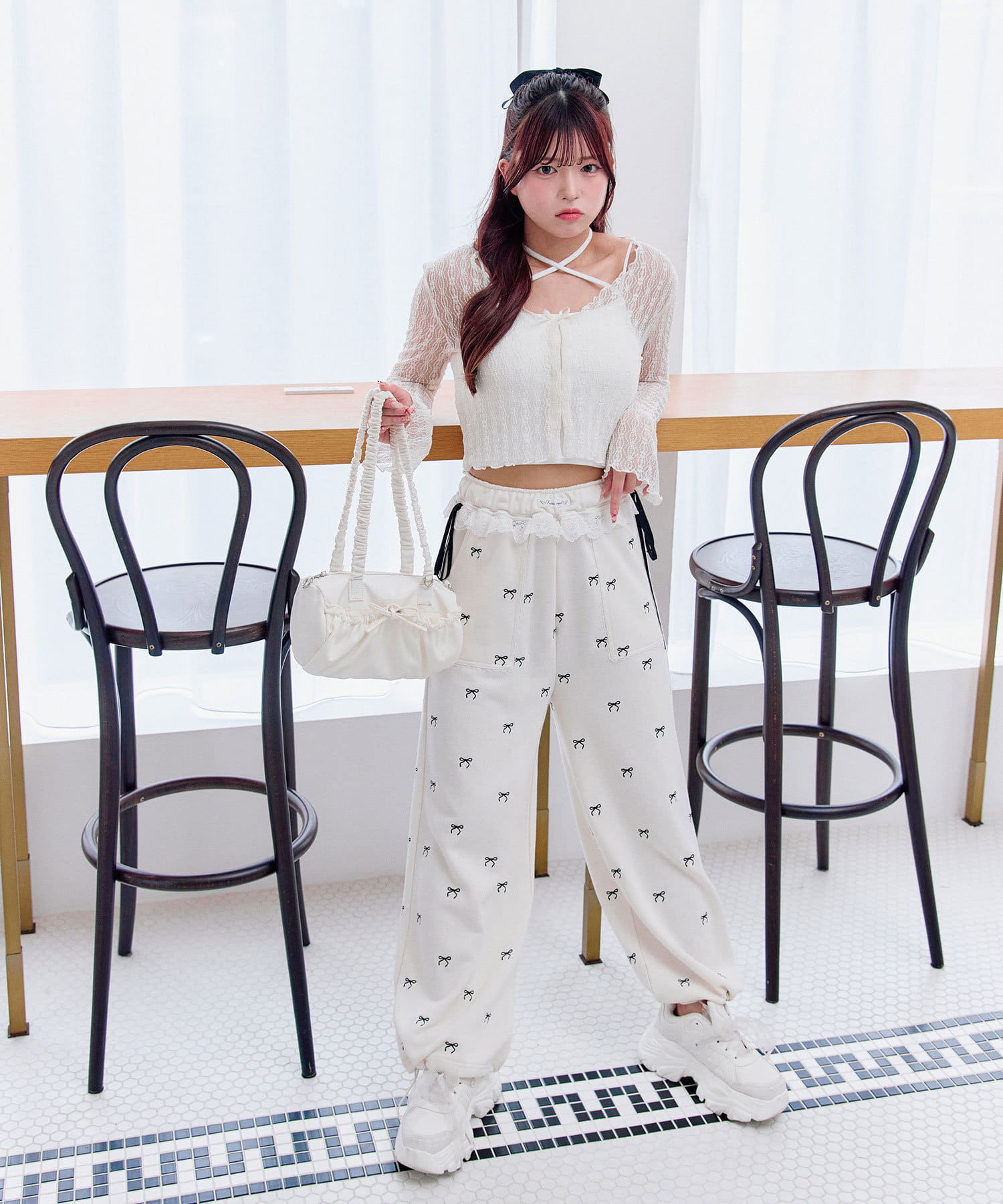 OLIVE des OLIVE(オリーブ デ オリーブ) 【SNSで話題の！】リボン柄ウエストフリルスウェットパンツ