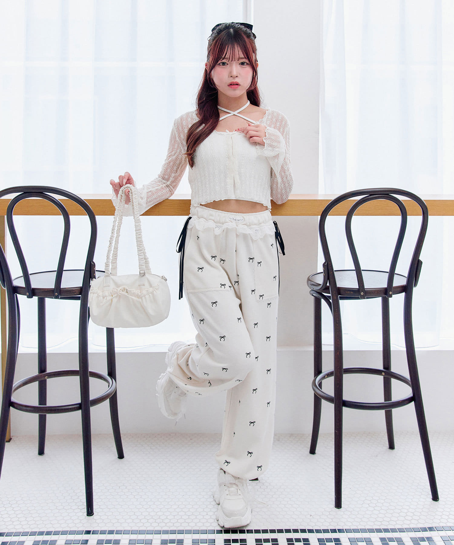 OLIVE des OLIVE(オリーブ デ オリーブ) 【SNSで話題の！】リボン柄ウエストフリルスウェットパンツ