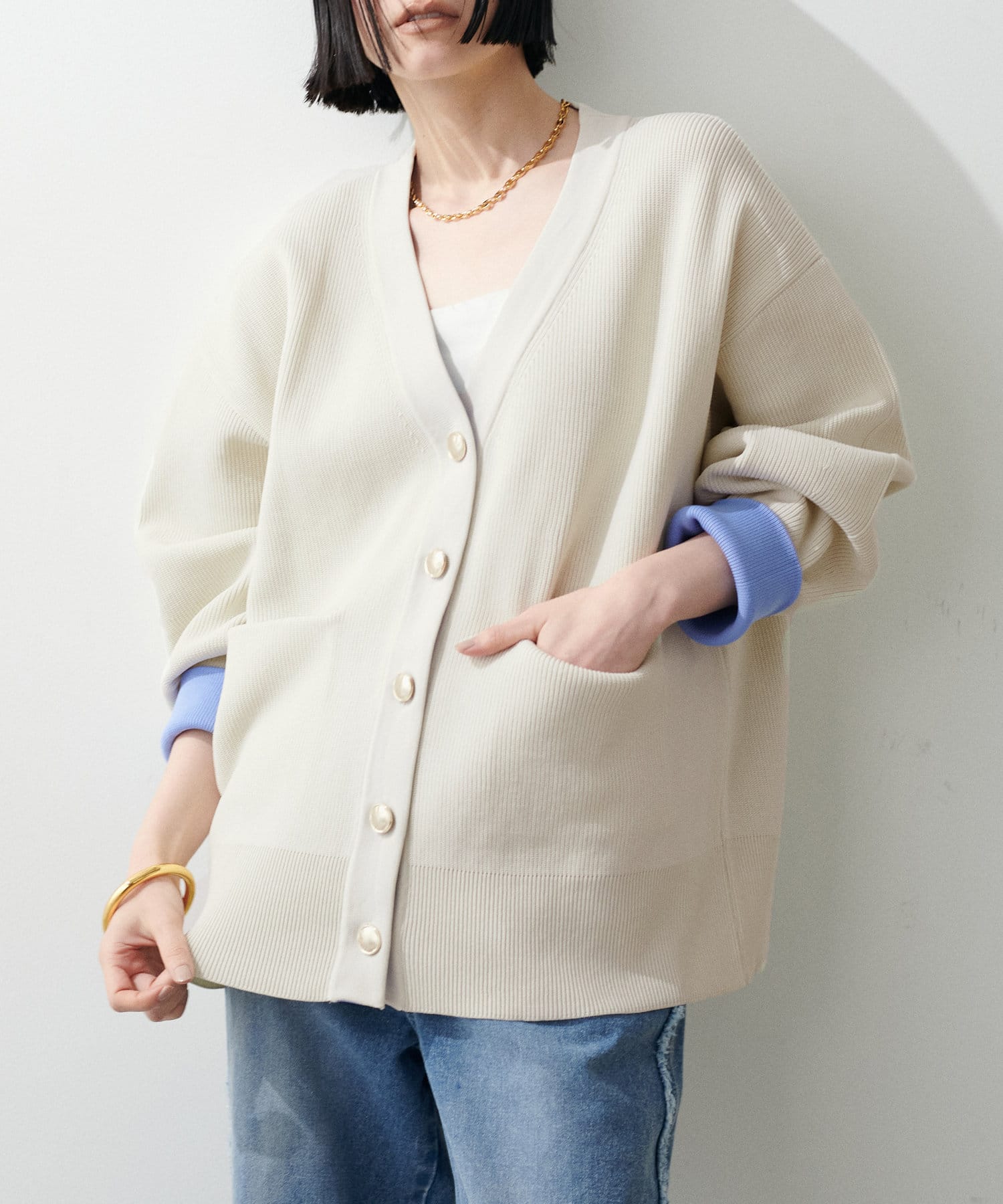 NICE CLAUP / OLIVE des OLIVE OUTLET(ナイスクラップ  / オリーブ デ オリーブ アウトレット) 【LARUTA】配色ポリミドル金ボタンカーデ