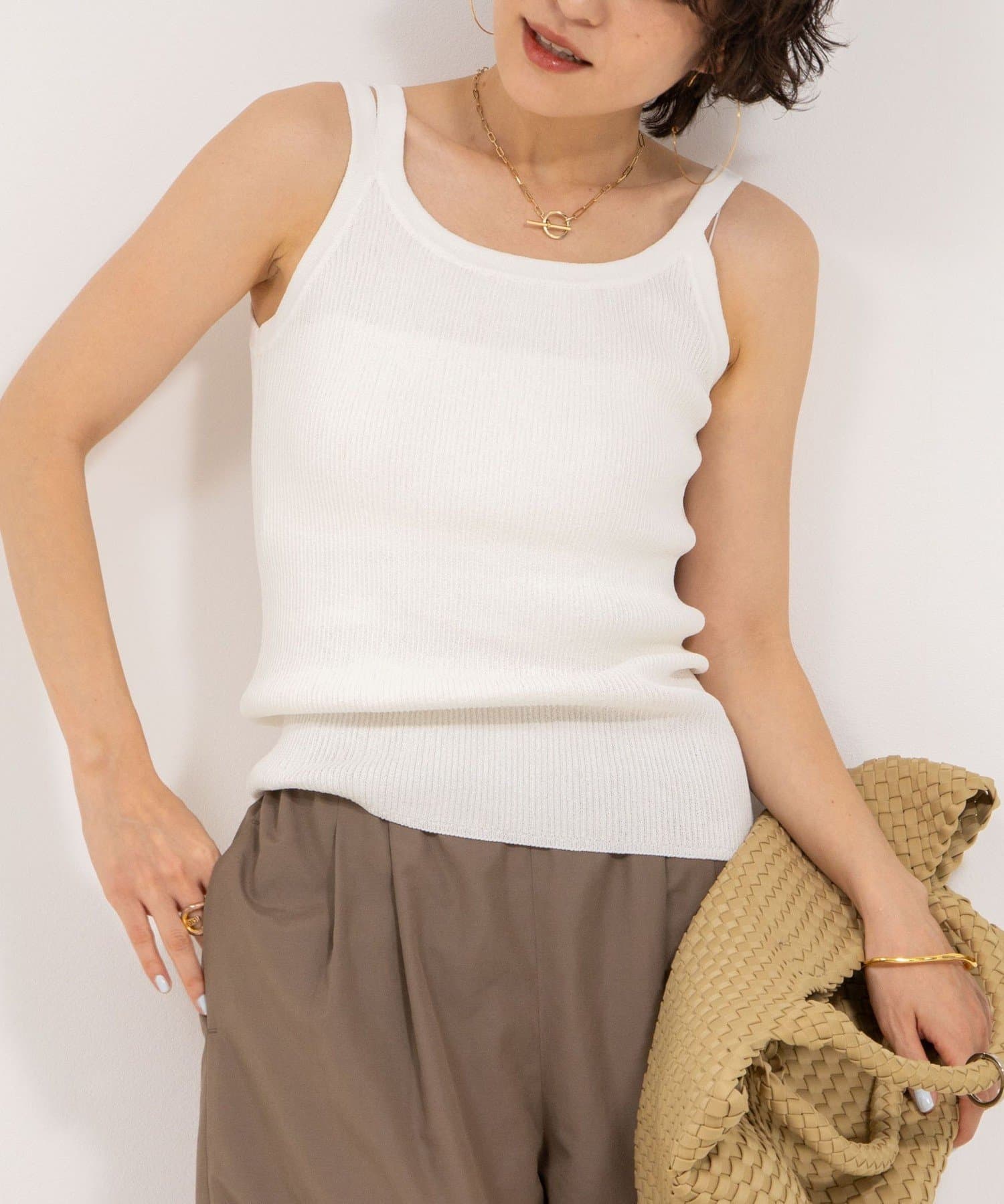 ◇25SS◇2nd NOLLEY'S◆Point・透け感のないリブ編みのタンクトップ・清涼感のある和紙×ポリエステルを使用した、吸水速乾/防シワ/アンチピリングの高機能素材・片側の肩紐が2本