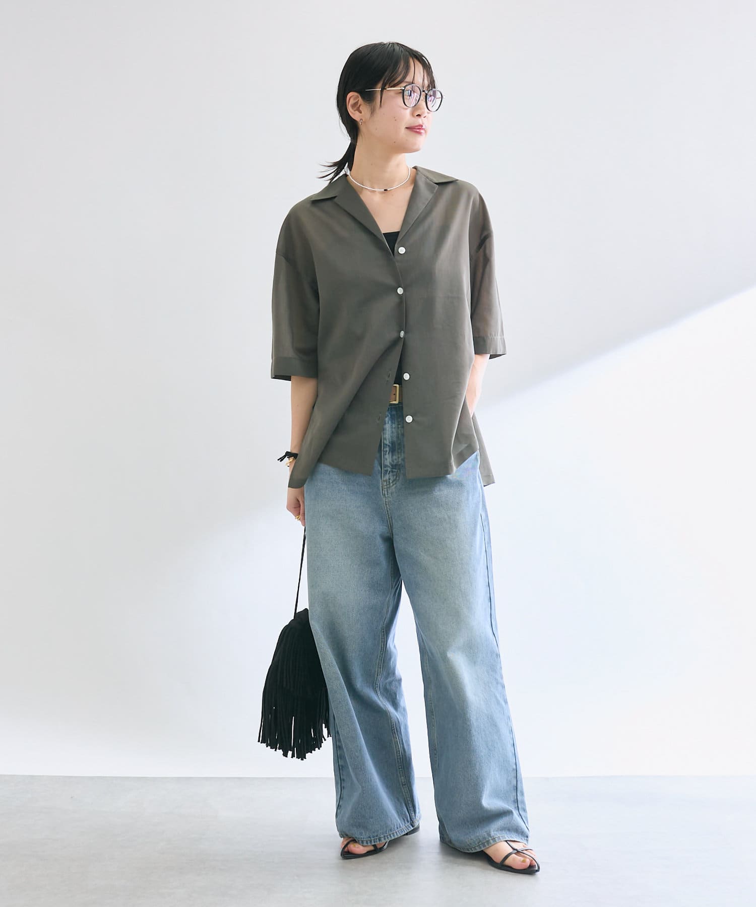 最新作　美品　リヴドロワ　マイセルフ　オープンカラーシャツ　チャコール RIVE DROITE｜MYSELFbyRD/OpenCollarShirt | Rakuten Fashion
