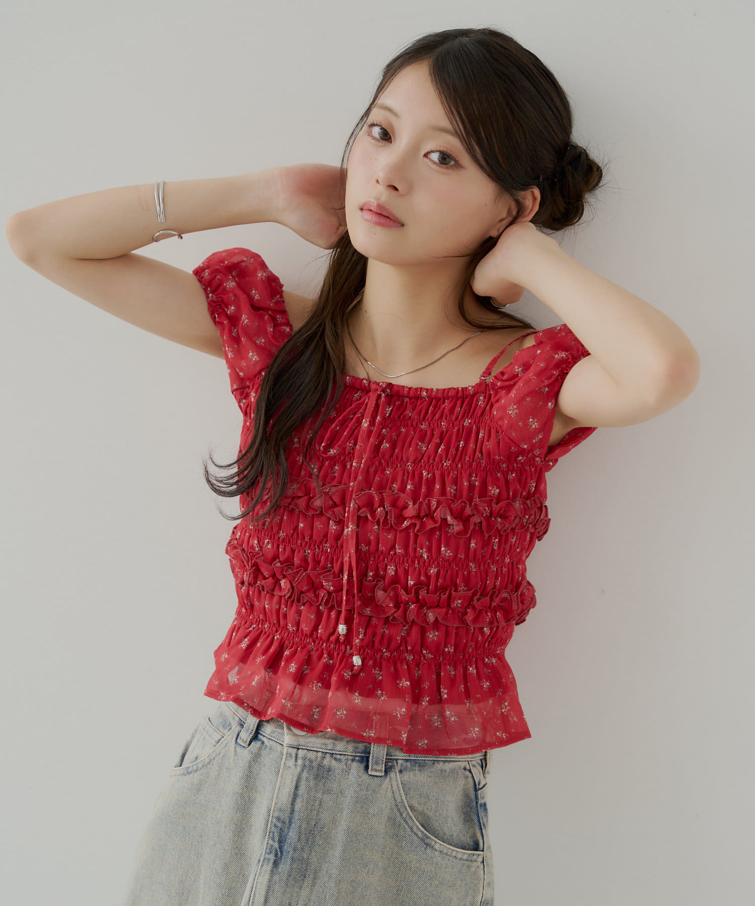 5色展開】シアーフラワーシャーリングフレンチブラウス | Chico