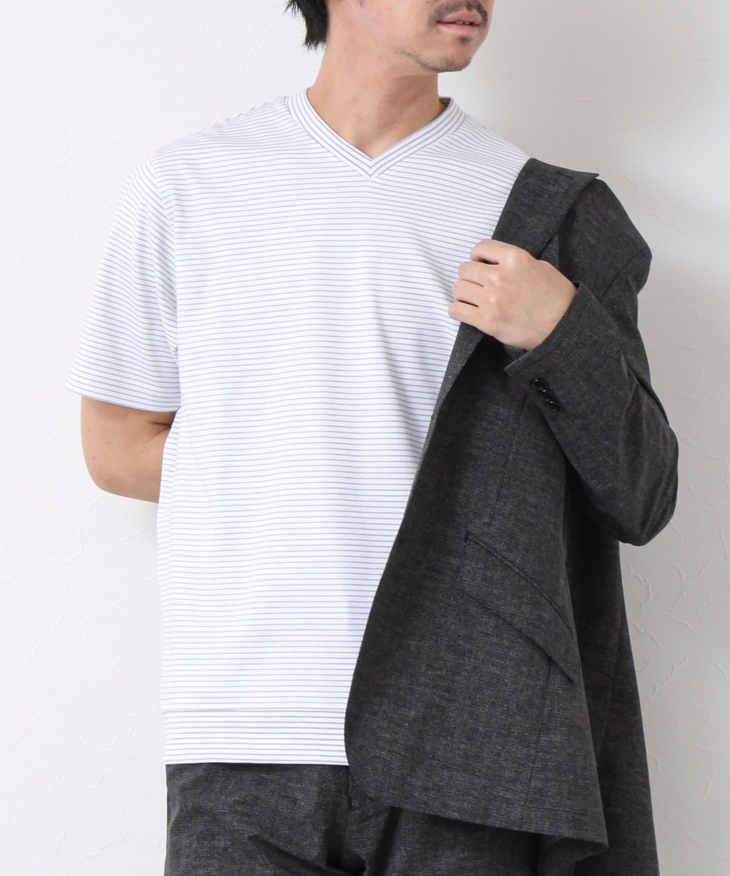 NOLLEY'S(ノーリーズ) 《ビジカジ対応》セミシルケットスムース ボーダー Vネック ドレスTシャツ