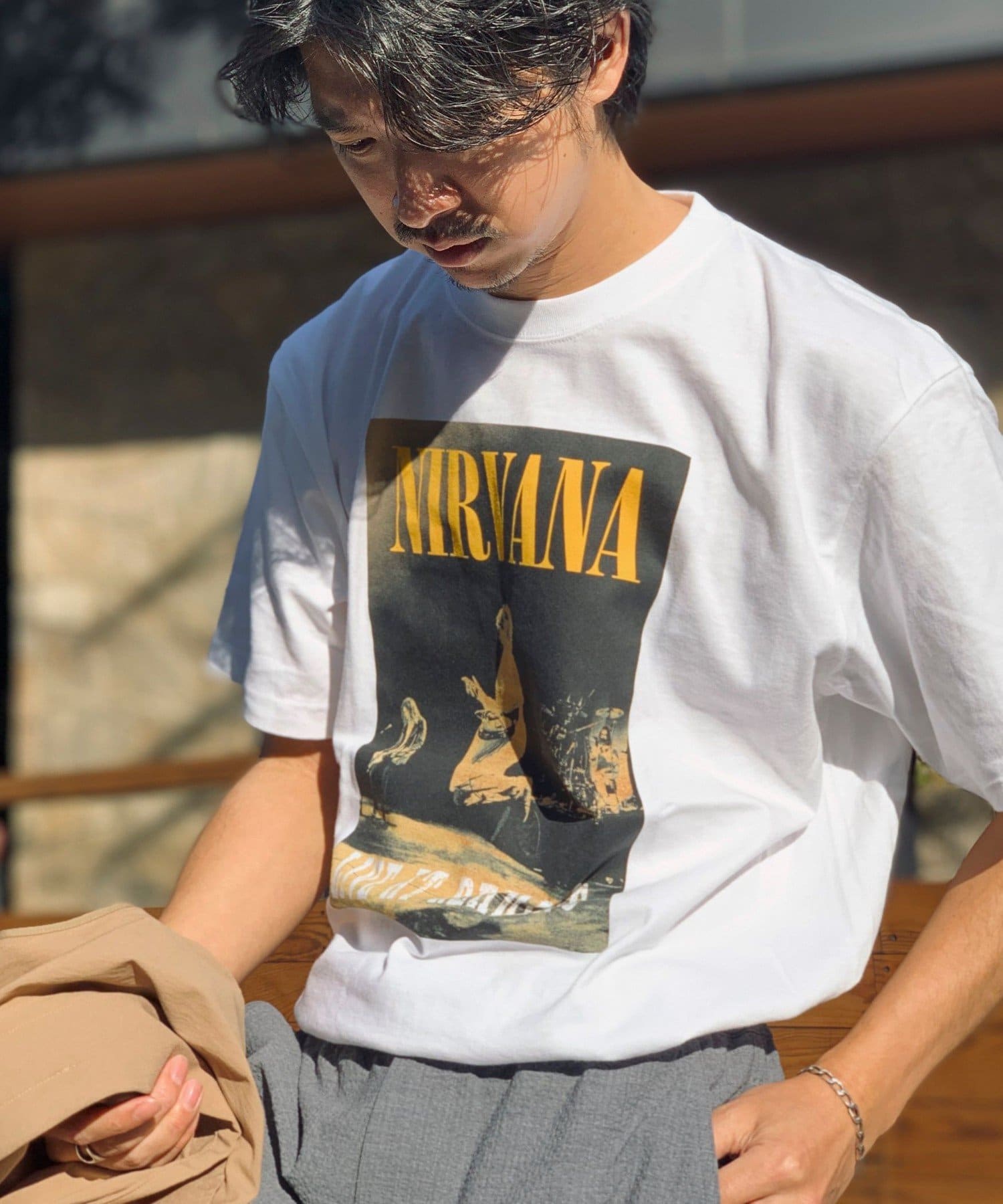 NIRVANAのアートワークをプリント大人っぽく着られる落ち着いた配色のバンドTシャツ◆別注ポイント・インラインのプリントをやや大きめのボディでオーダー◆素材・5.6オンスの程よい肉厚感・ヘビーウェイ
