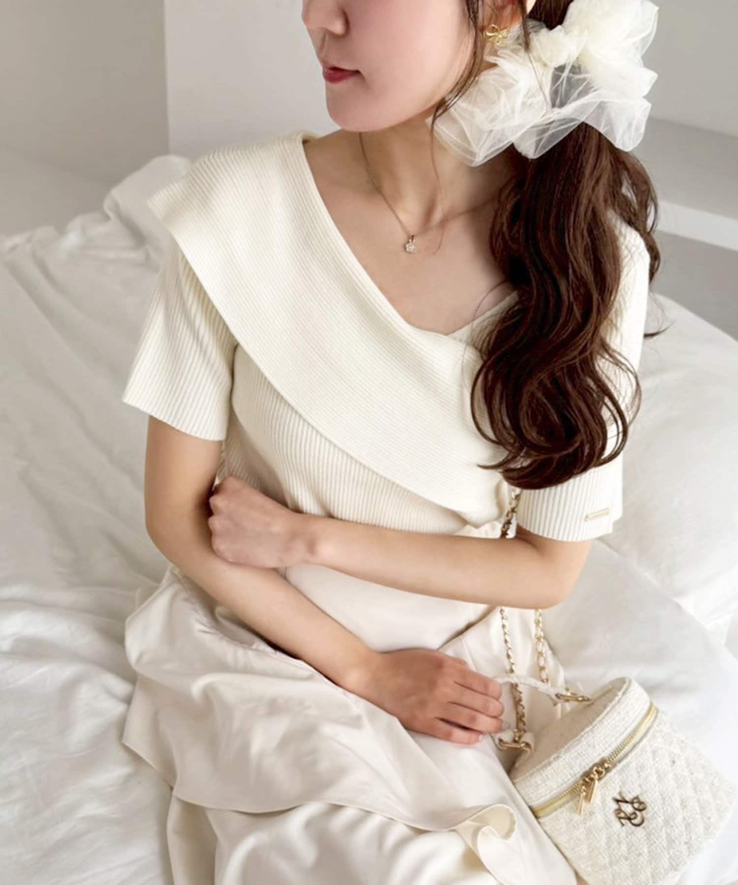 one after another NICE CLAUP(ワンアフターアナザー ナイスクラップ) アシンメトリー半袖ニット/WEB限定商品