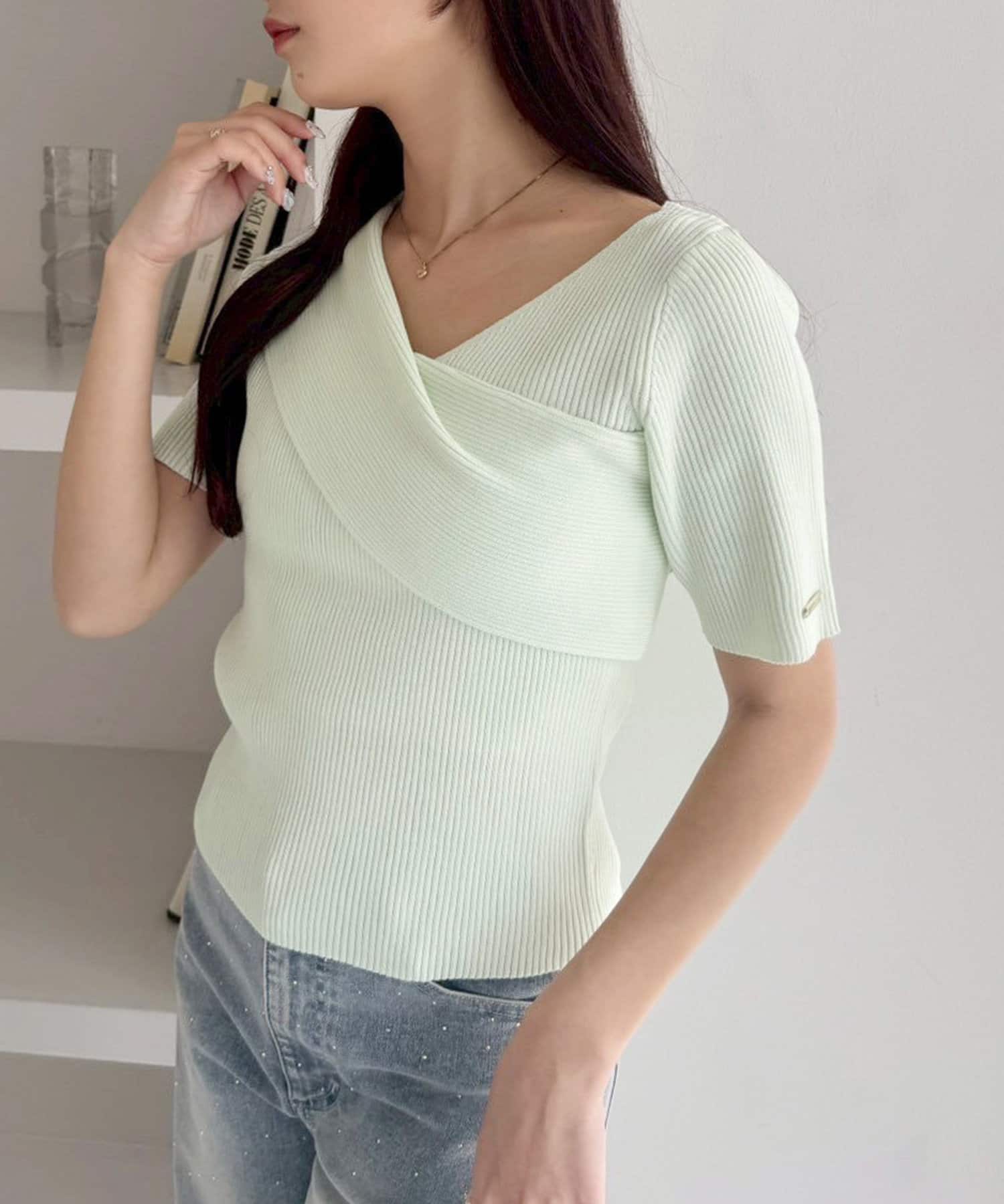 one after another NICE CLAUP(ワンアフターアナザー ナイスクラップ) アシンメトリー半袖ニット/WEB限定商品