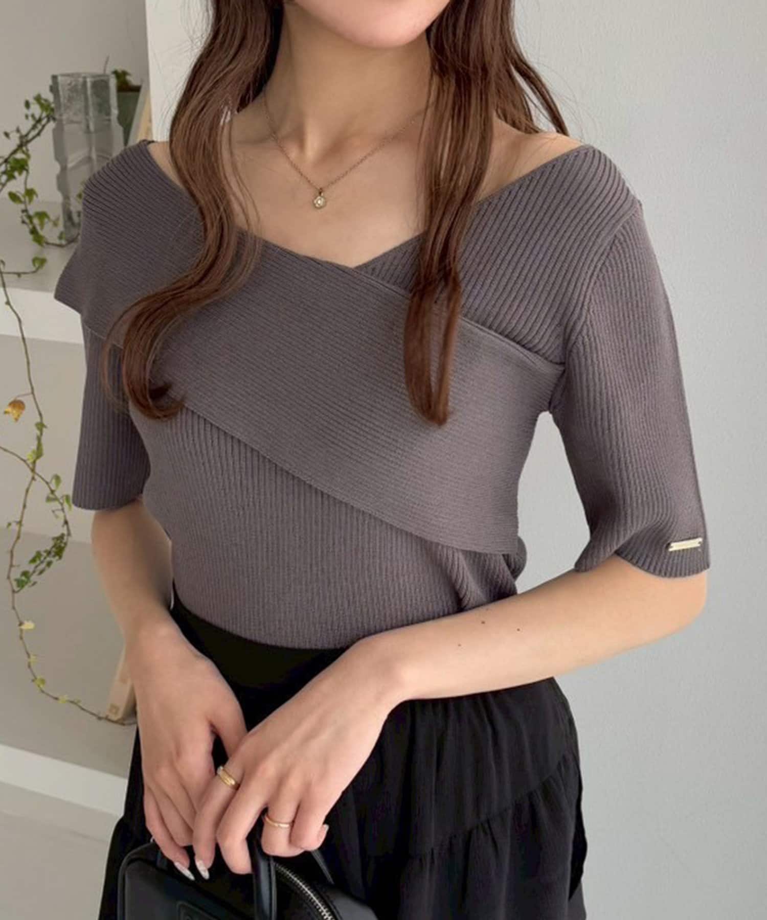 one after another NICE CLAUP(ワンアフターアナザー ナイスクラップ) アシンメトリー半袖ニット/WEB限定商品