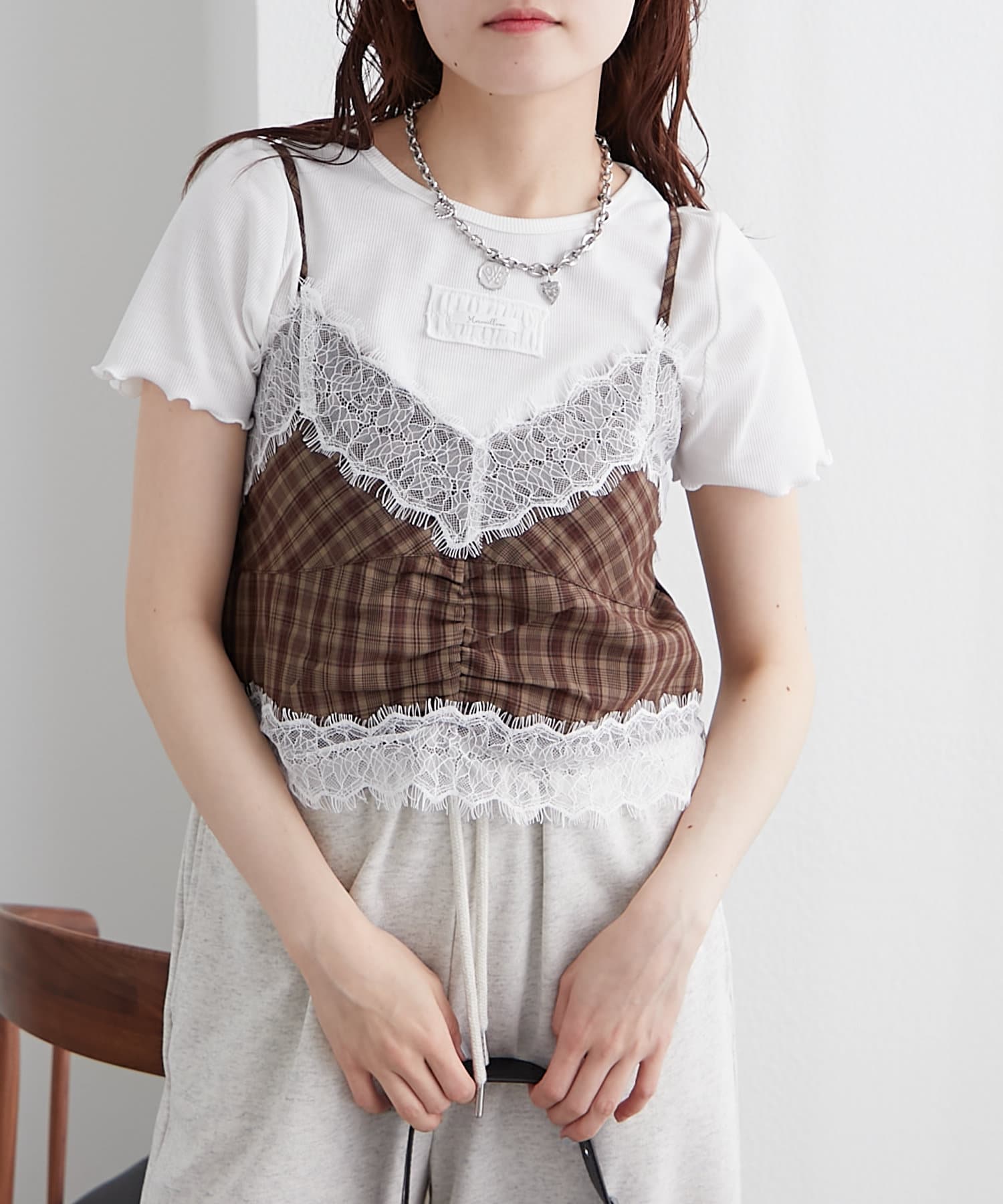 w closet(ダブルクローゼット) チェックレースキャミ