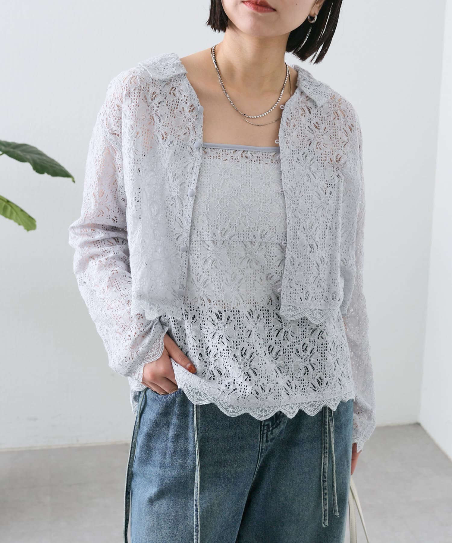 mystic レースビスチェセットブラウス オフホワイト 今季 ミドル丈 mystic レースビスチェセットブラウス オフホワイト 今季 ミドル