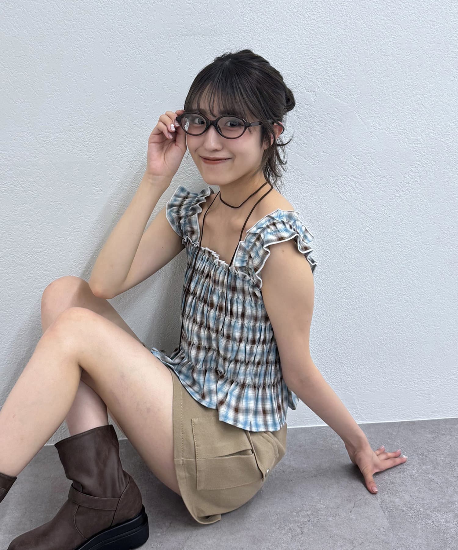 mline(エムライン) [mline]シャーリングチェックブラウス