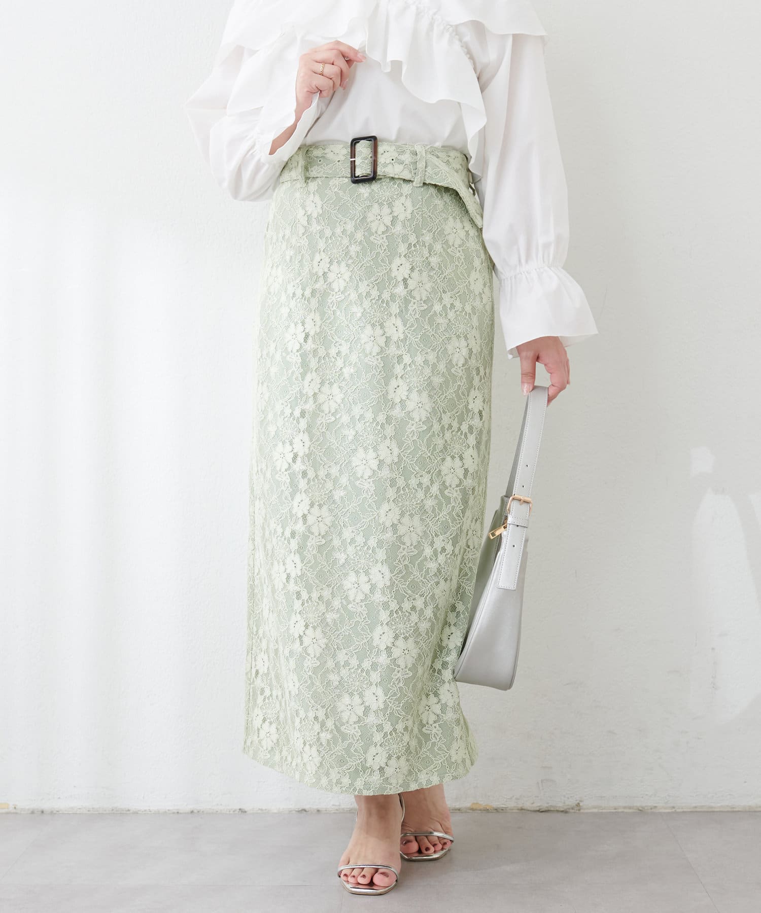 NICE CLAUP / OLIVE des OLIVE OUTLET(ナイスクラップ  / オリーブ デ オリーブ アウトレット) 【natural couture】ベルト付きラメレースナロースカート