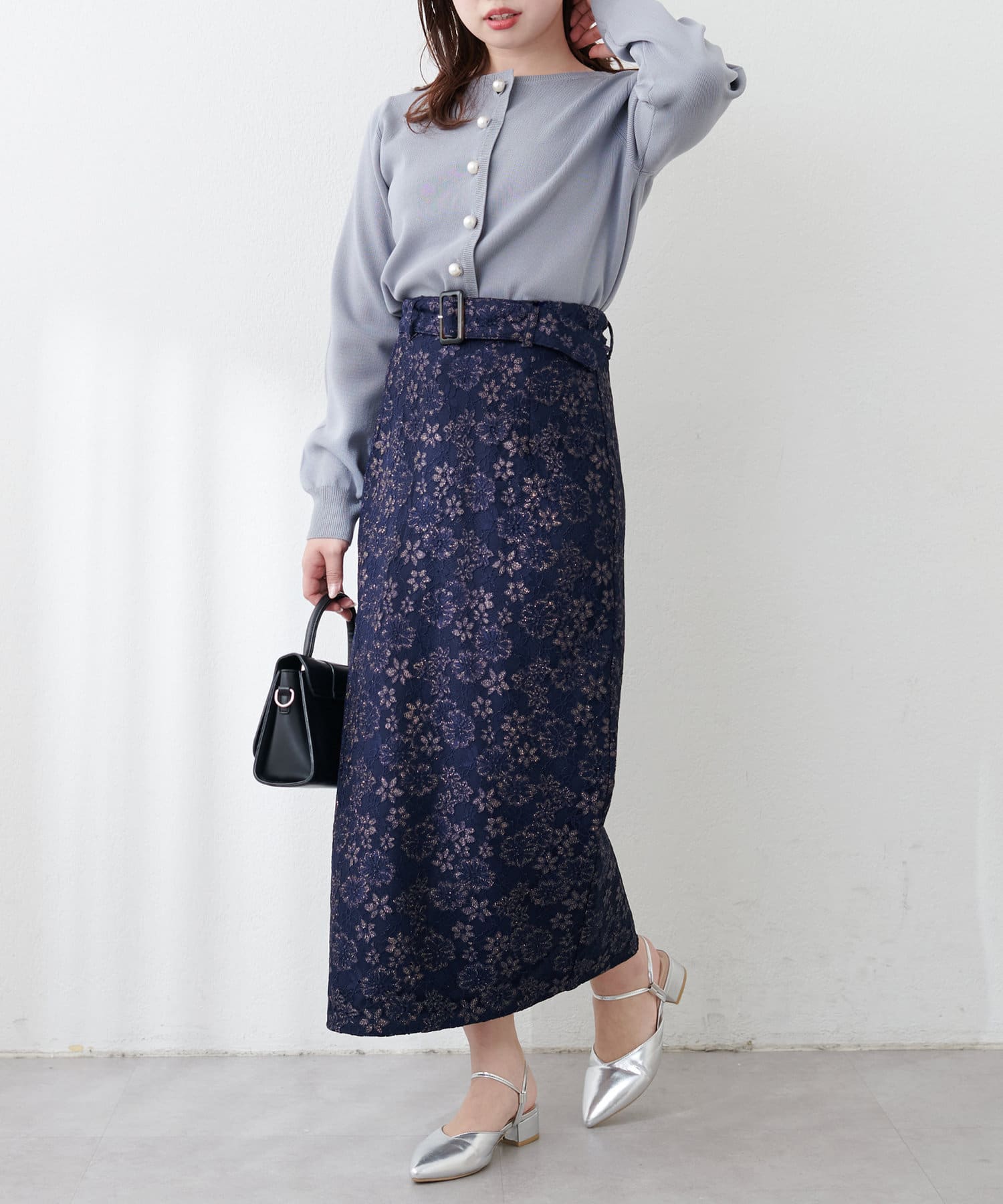 NICE CLAUP / OLIVE des OLIVE OUTLET(ナイスクラップ  / オリーブ デ オリーブ アウトレット) 【natural couture】ベルト付きラメレースナロースカート