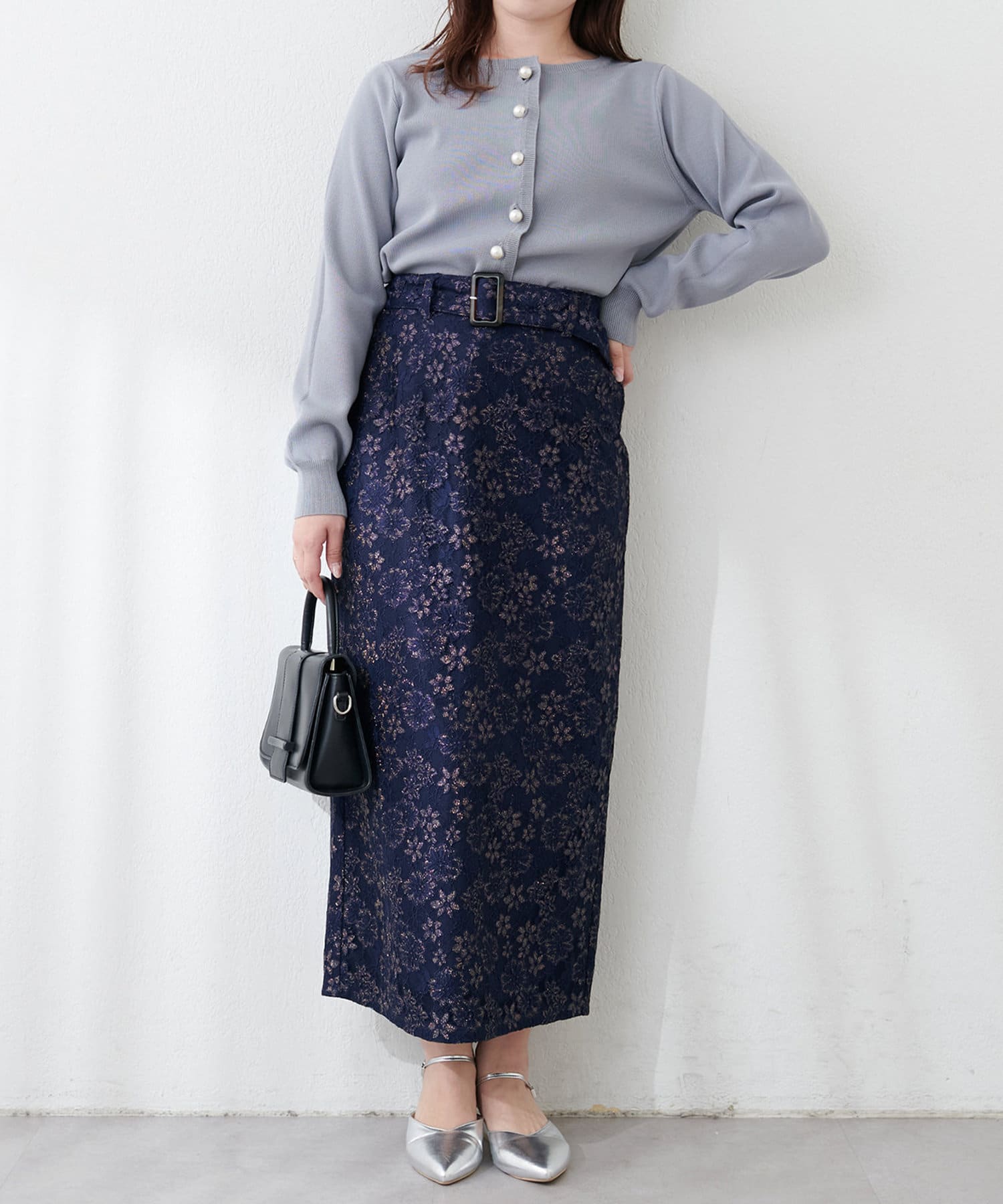 NICE CLAUP / OLIVE des OLIVE OUTLET(ナイスクラップ  / オリーブ デ オリーブ アウトレット) 【natural couture】ベルト付きラメレースナロースカート
