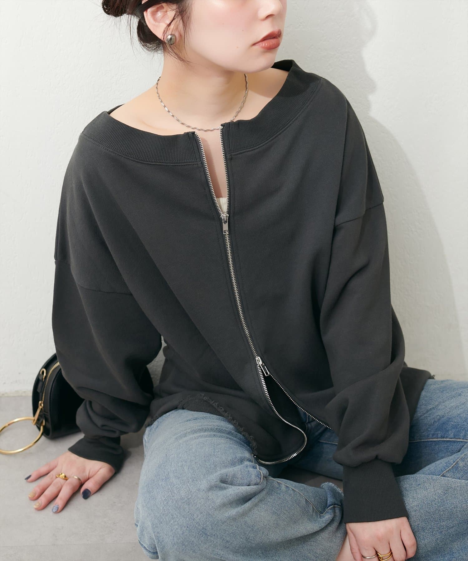 NICE CLAUP / OLIVE des OLIVE OUTLET(ナイスクラップ  / オリーブ デ オリーブ アウトレット) 【natural couture】オフショルZIP裏毛プルオーバー