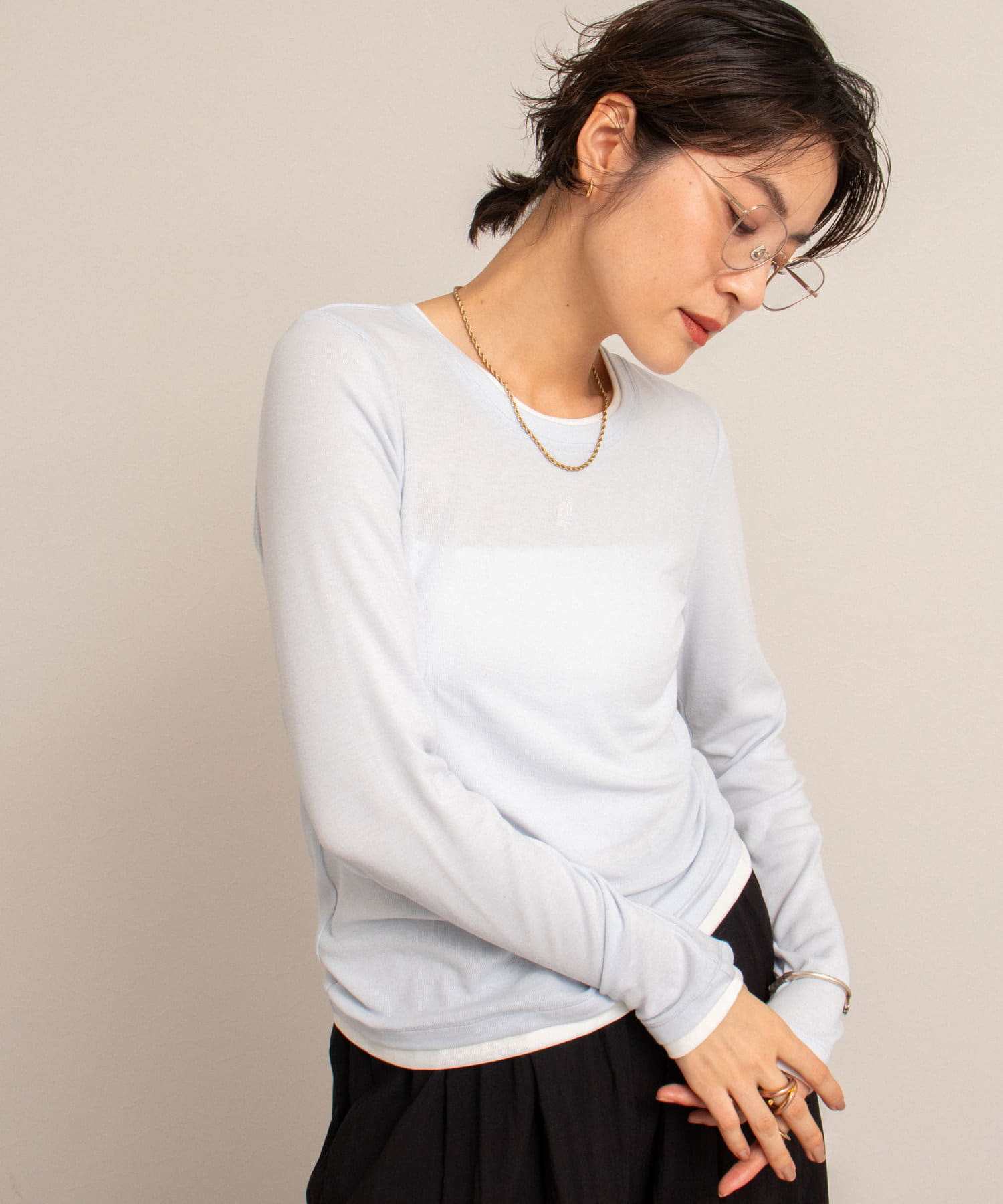 ◇25SS◇MAQWEL【WEB限定】◆Point・レイヤード風のデザインがポイントのロンT・レイヤード風のデザインが、1枚で着たときにもこなれたメリハリのある印象に・柔らかい伸びのリブ素材で、快適な