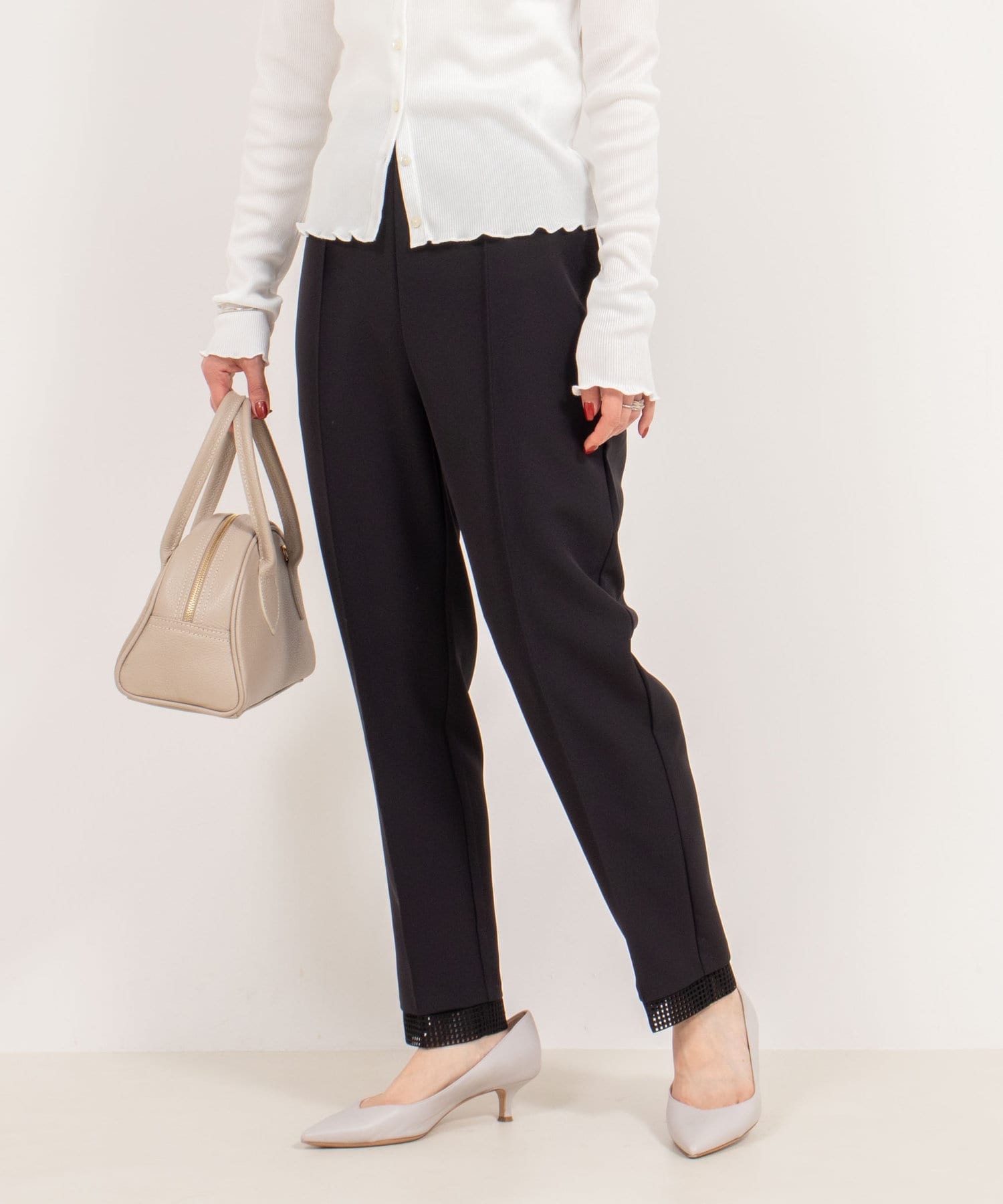 ◇25SS◇NOLLEY'S◆Point・人気の裾オーガンジーパンツが再登場！・裾の部分がスクエア柄レースになったデザイン・抜群のストレッチ性とウエストゴムでで快適なはき心地・美脚見えが叶う
