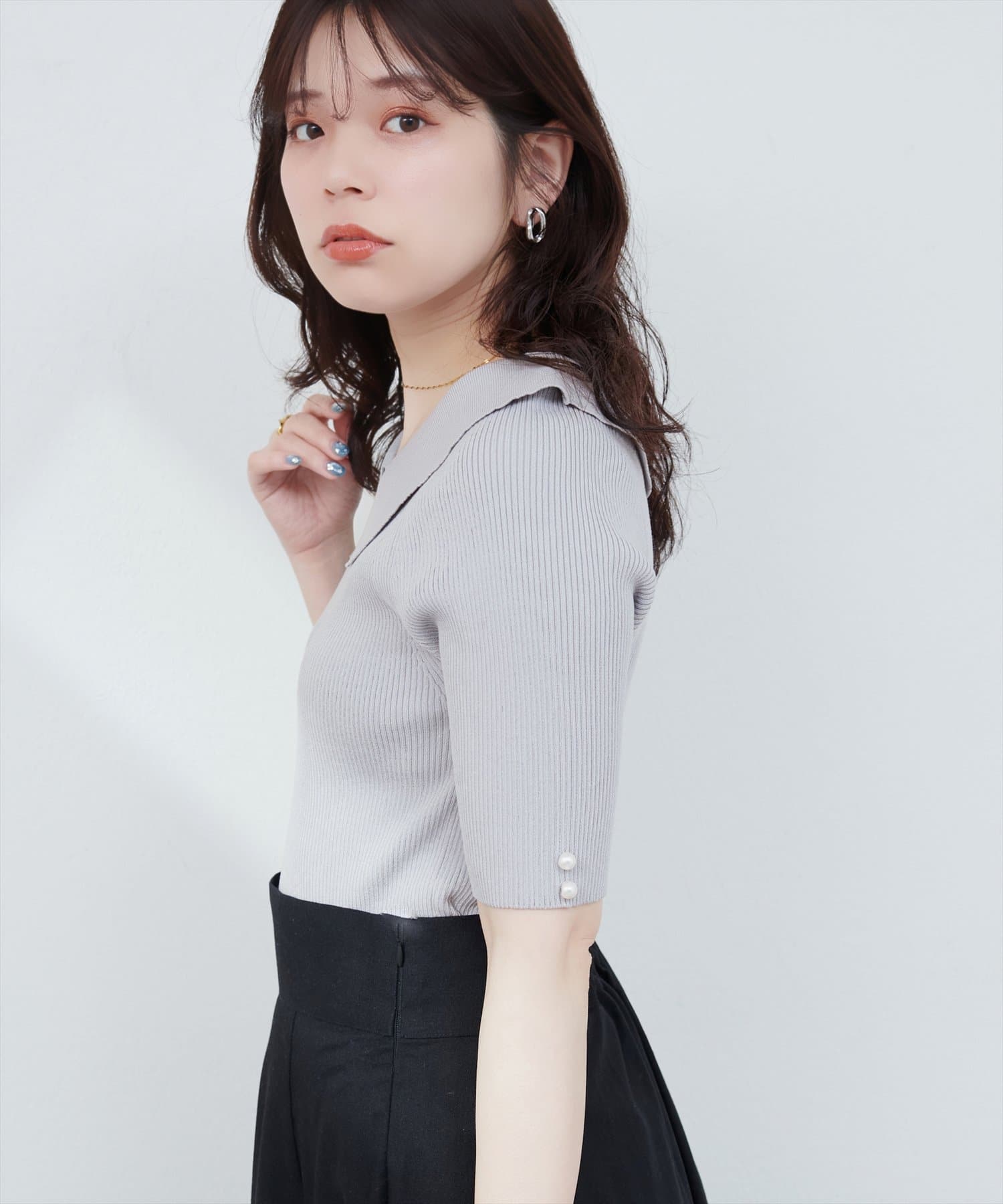 natural couture(ナチュラルクチュール) 【WEB限定】衿付きシンプルリブニットプルーバー