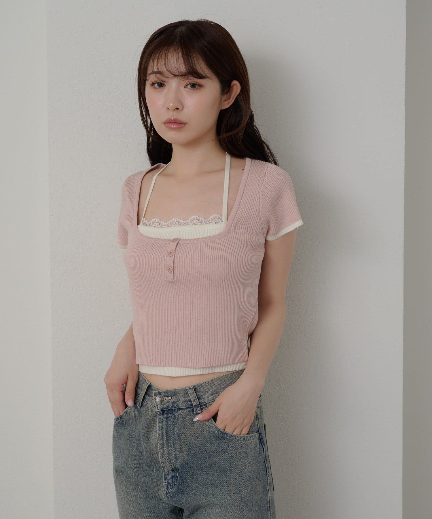 RAY CASSIN(レイカズン) レースキャミレイヤードヘンリーニット