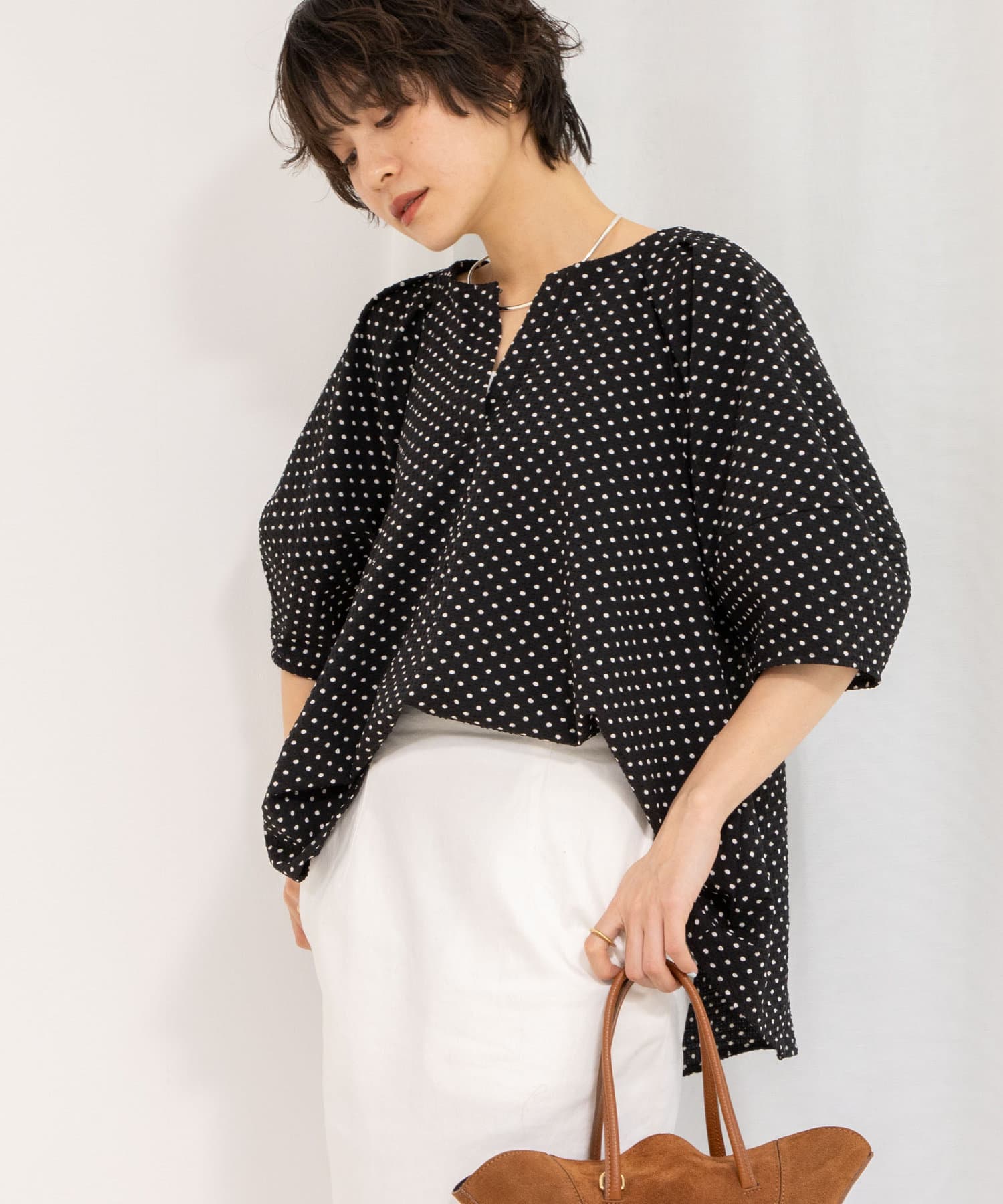 NOLLEY'S(ノーリーズ) 【WEB限定】サッカードット5分袖タックブラウス