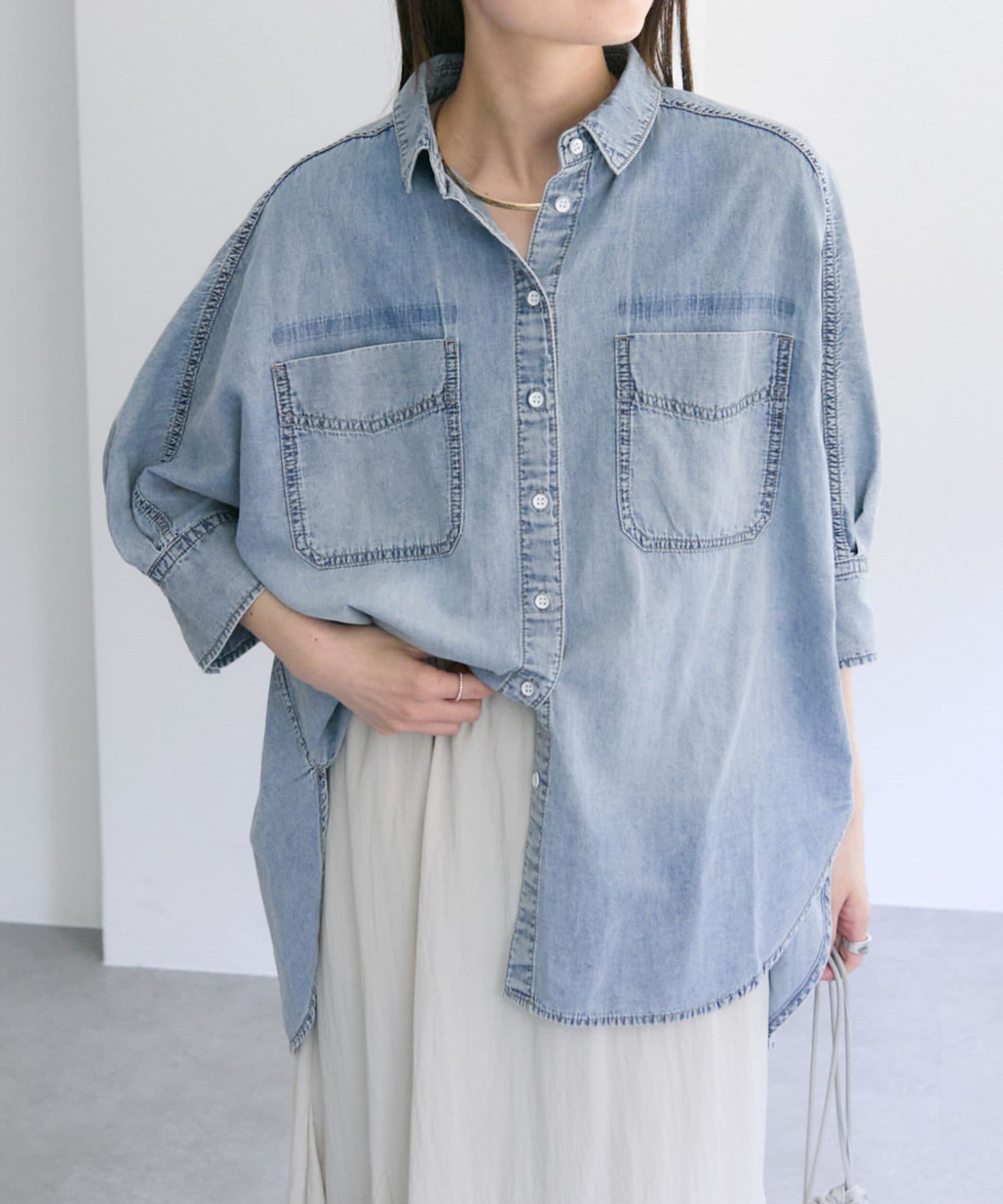 人気ブラドン | 25th】綿麻デニムハーフスリーブブラウス PUAL CIN CE トップス