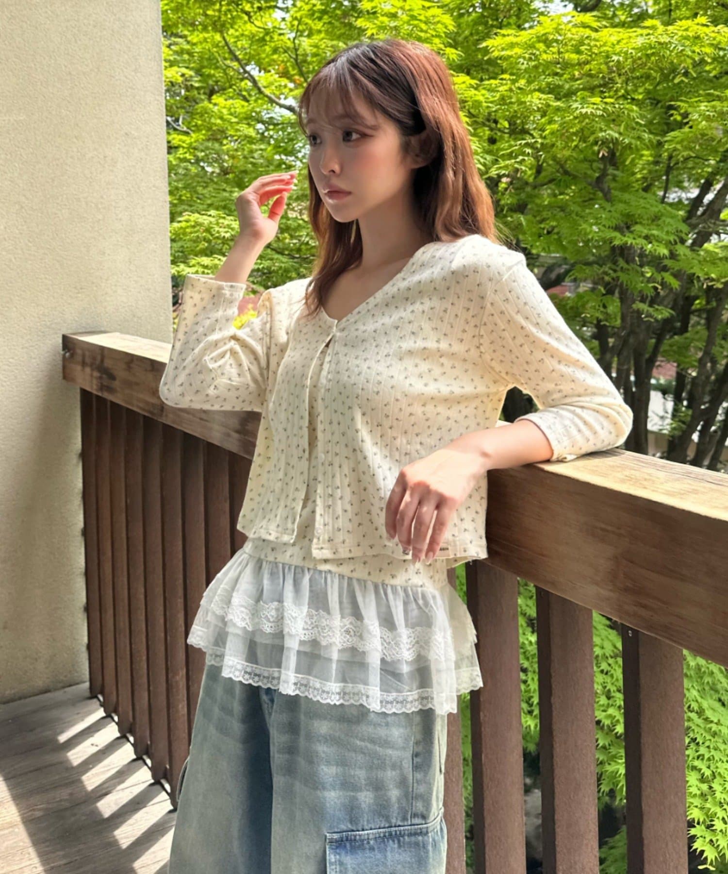 大人気のトップス、パターンメッシュフリルキャミセットがに7分袖になって登場！！●長袖はこちら⇒パターンメッシュフリルキャミSETー 商品コメント ー・キャミソールとカーディガンがセットになったアイテム