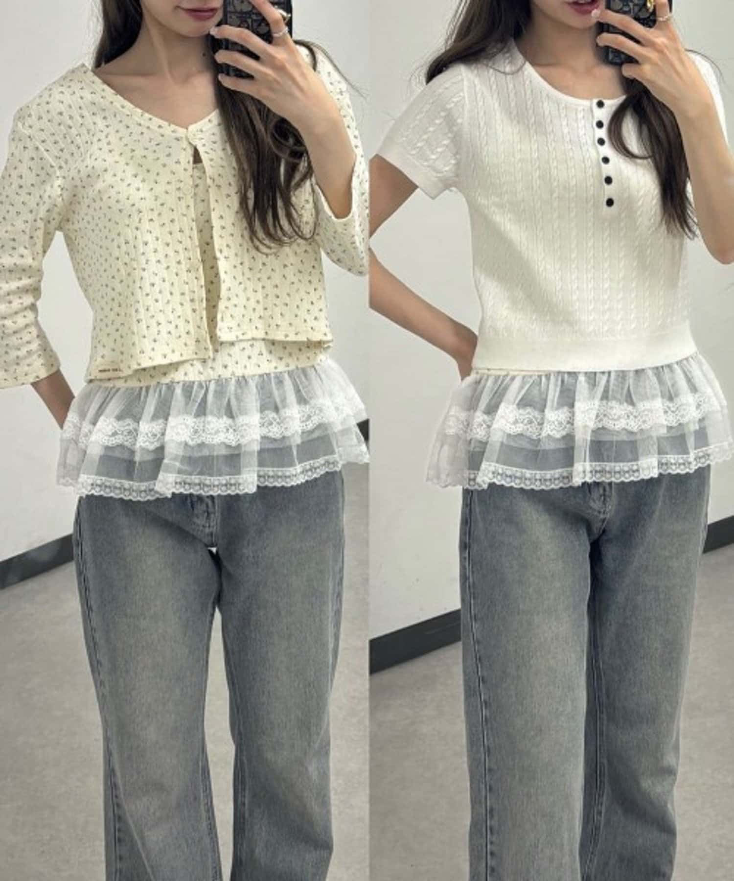 RAY CASSIN(レイカズン) 【今買って秋まで使える/2点セット】7分袖パターンメッシュフリルキャミセット