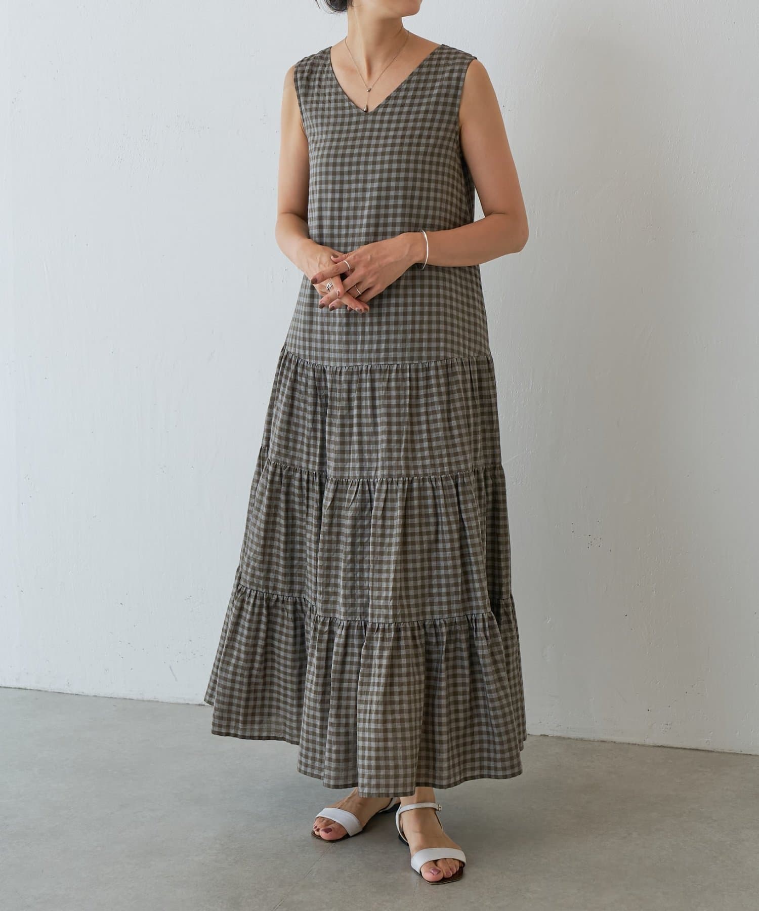 BEARDSLEY ノースリーブ麻ロングワンピース クリーニング済み ギンガム