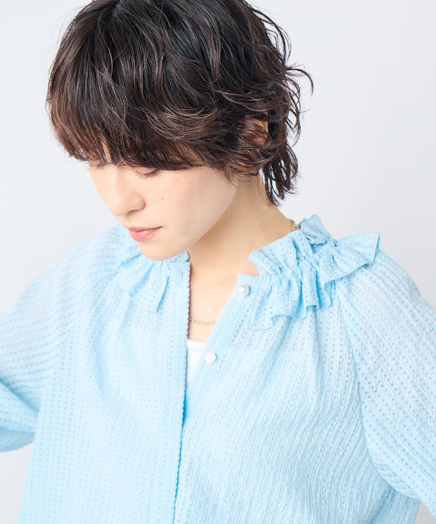 NOLLEY'S(ノーリーズ) サッカーチェックフリルネックブラウス