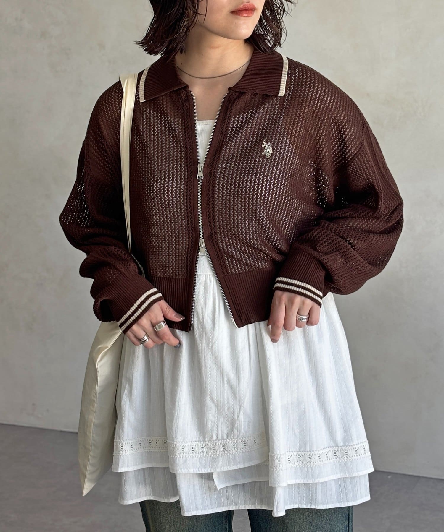 CPCM(シーピーシーエム) 【U.S. POLO ASSN.】襟付きメッシュカーディガン