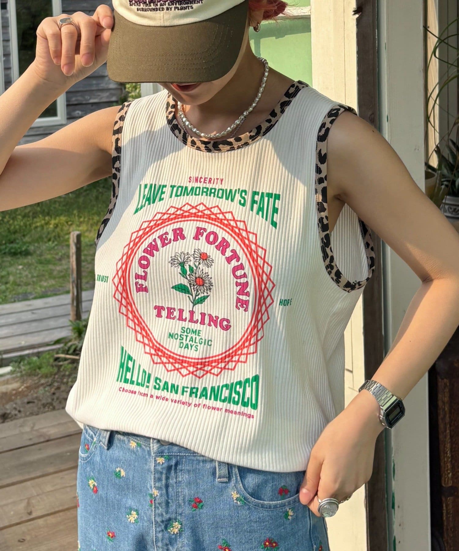 ＼レオパードで個性プラス♡ヴィンテージ風プリントタンク／■デザインヴィンテージ風のプリントにレオパードが甘辛くちょうどいいバランス♪パイピングのみレオパード柄なので柄初心者さんも挑戦しやすいです！ベー