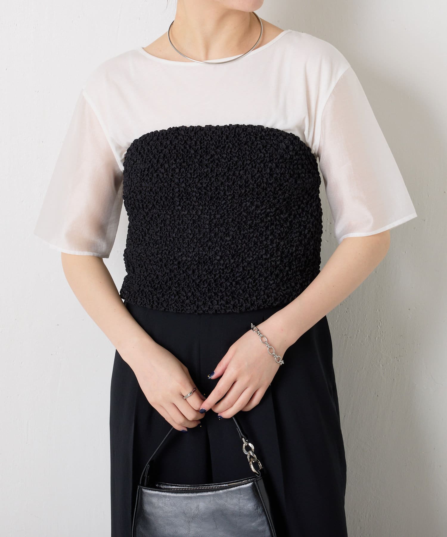tシャツ ハーフスリーブコンビシアーTシャツ レディース 体型カバー】ハーフスリーブシアーコンビTシャツ | COLLAGE