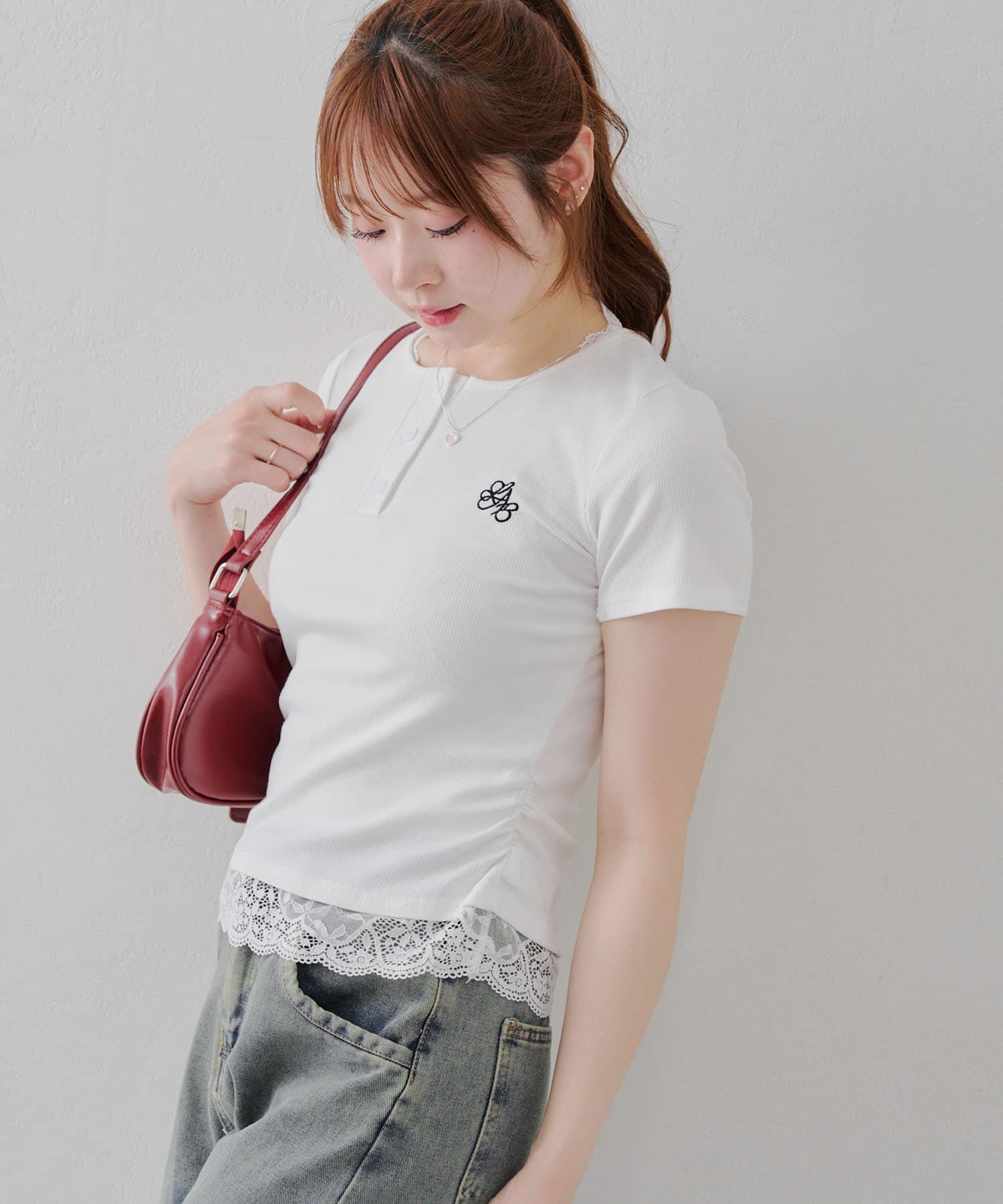 NICE CLAUP / OLIVE des OLIVE OUTLET(ナイスクラップ  / オリーブ デ オリーブ アウトレット) 【RMAF】レース付テレコTシャツ
