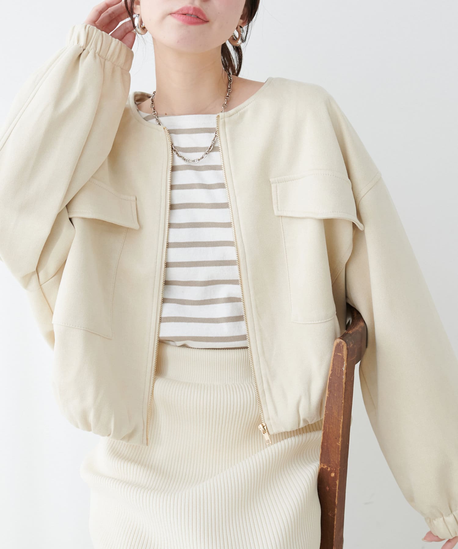 NICE CLAUP / OLIVE des OLIVE OUTLET(ナイスクラップ  / オリーブ デ オリーブ アウトレット) 【natural couture】ポンチスエードノーカラーブルゾン